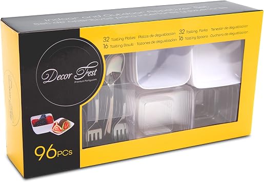 Premium Plastic Mini Appetizer & Dessert Entertaining Set for Entertaining, Weddings, Parties & Events 96 Piece Set 1 Pack
