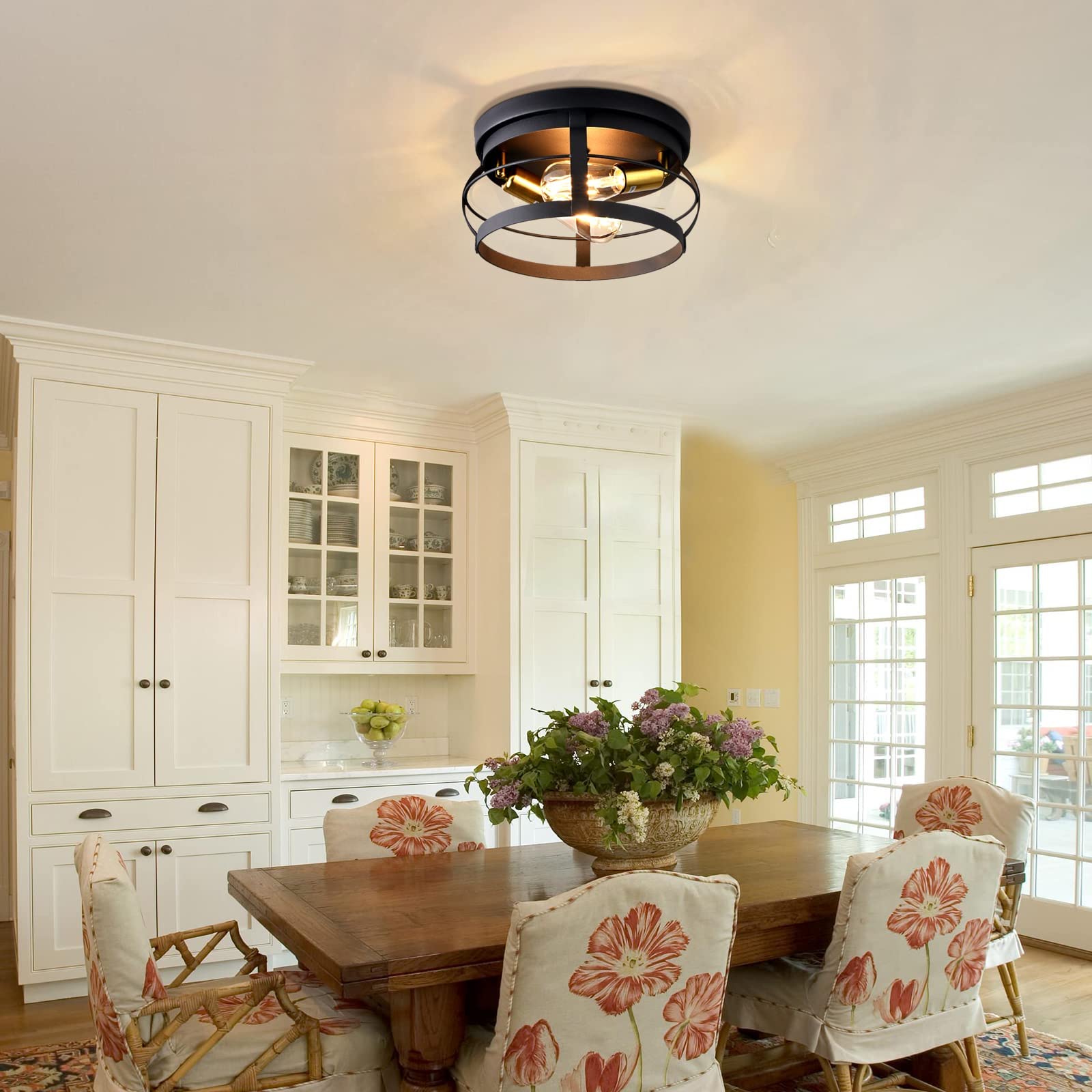 Vintage Rustic Semi Flush Mount Ceiling Light (2 Pack) - Farmhouse Black Metal Fixture For Hallway, Kitchen, Porch, Entryway - View #5
