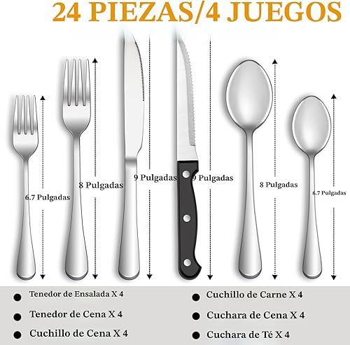 Miniatura 2 de Juego de cubiertos de 24 piezas con cuchillos de carne para 4 juego de cubiertos de acero inoxidable juego de cubiertos pulido espejo juego de