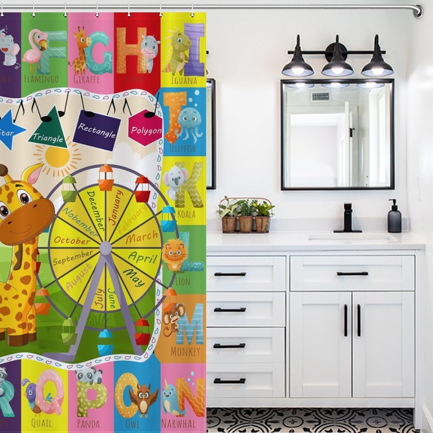 ABC Alphabet Shower Curtains,Cartoon Colorful Animal Funny Education Learning Tools Toddler Baby Waterproof Fabric Bathroom Shower Curtain Set with Hooks,72x72Inch image 5
