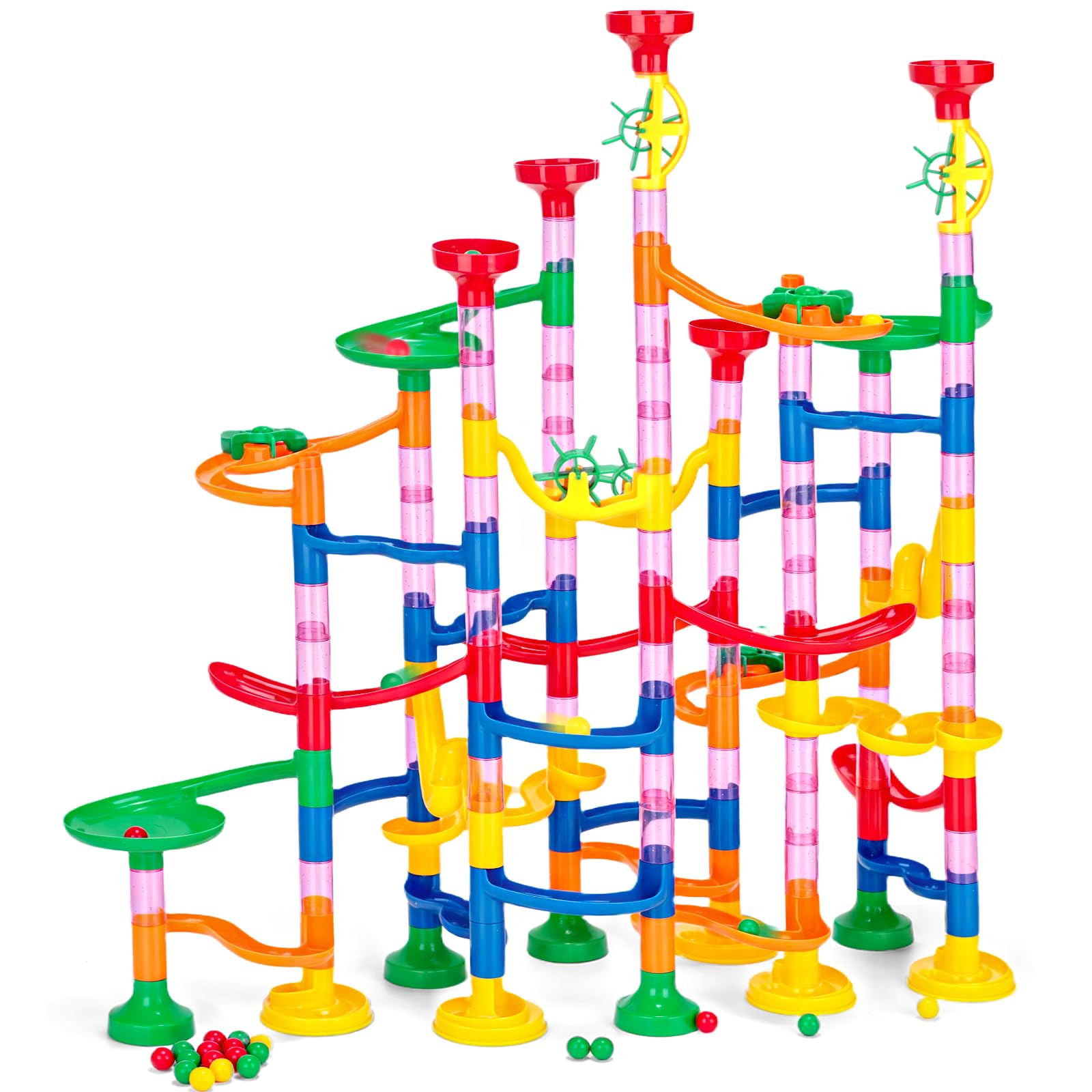 LovesTown 133Pcs Marble Run, Construction Building Blocks Toys, 103 Plastic Pieces + 30 Glass Marbles, Educational Toy
