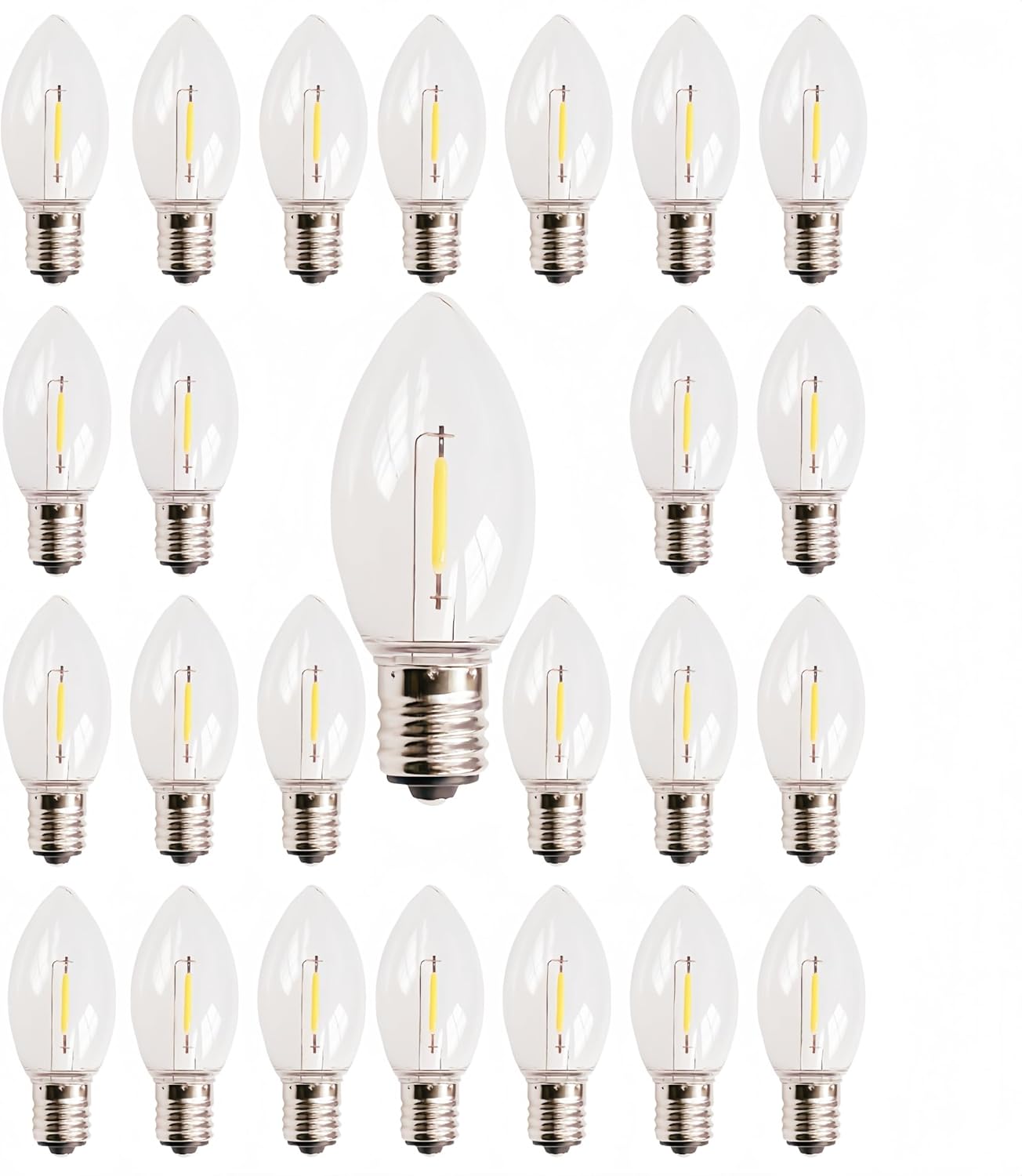 Warm White LED Replacement Bulbs(25-Pack), UL Listed for Shatterproof E17 Candelabra & C9 Christmas String Lights, for Indoor and Outdoor Use.