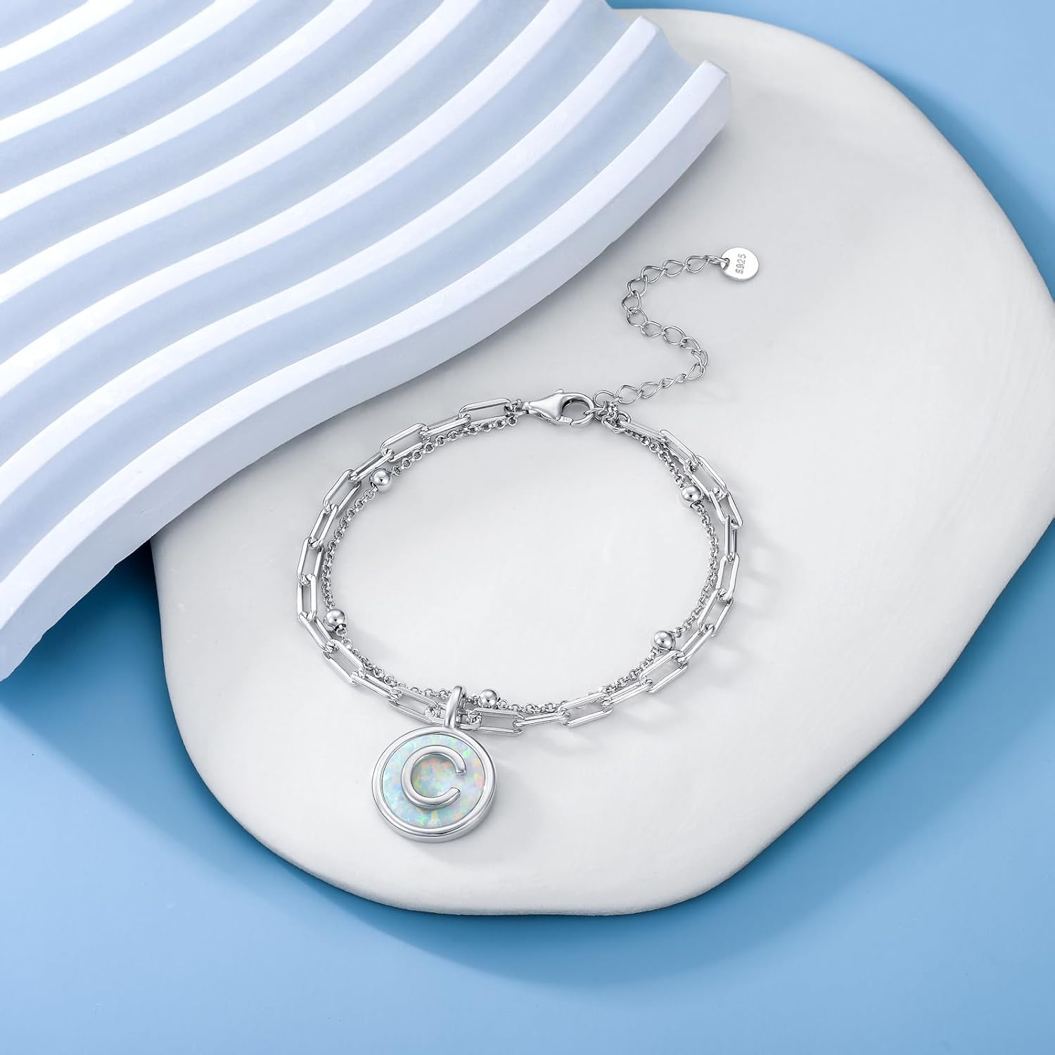 Layered Initial Bracelet for Women 925 Sterling Silver Opal Letter Bracelet A to Z Jewelry Christmas Gifts - Image 2