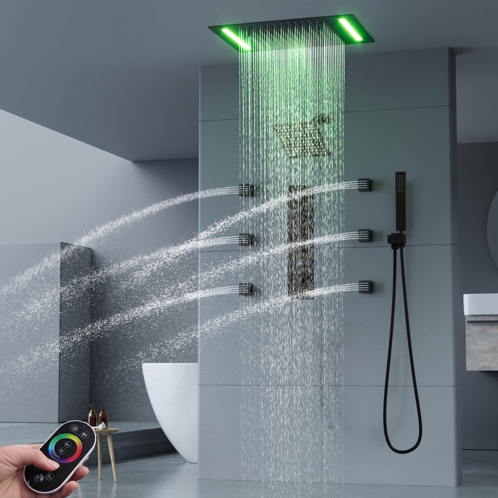 Smart Rain - Cabezal de ducha LED de techo con rociador de mano, sistema de ducha de lluvia negro mate de 20 x 14 pulgadas con chorros corporales para una experiencia de baño doble