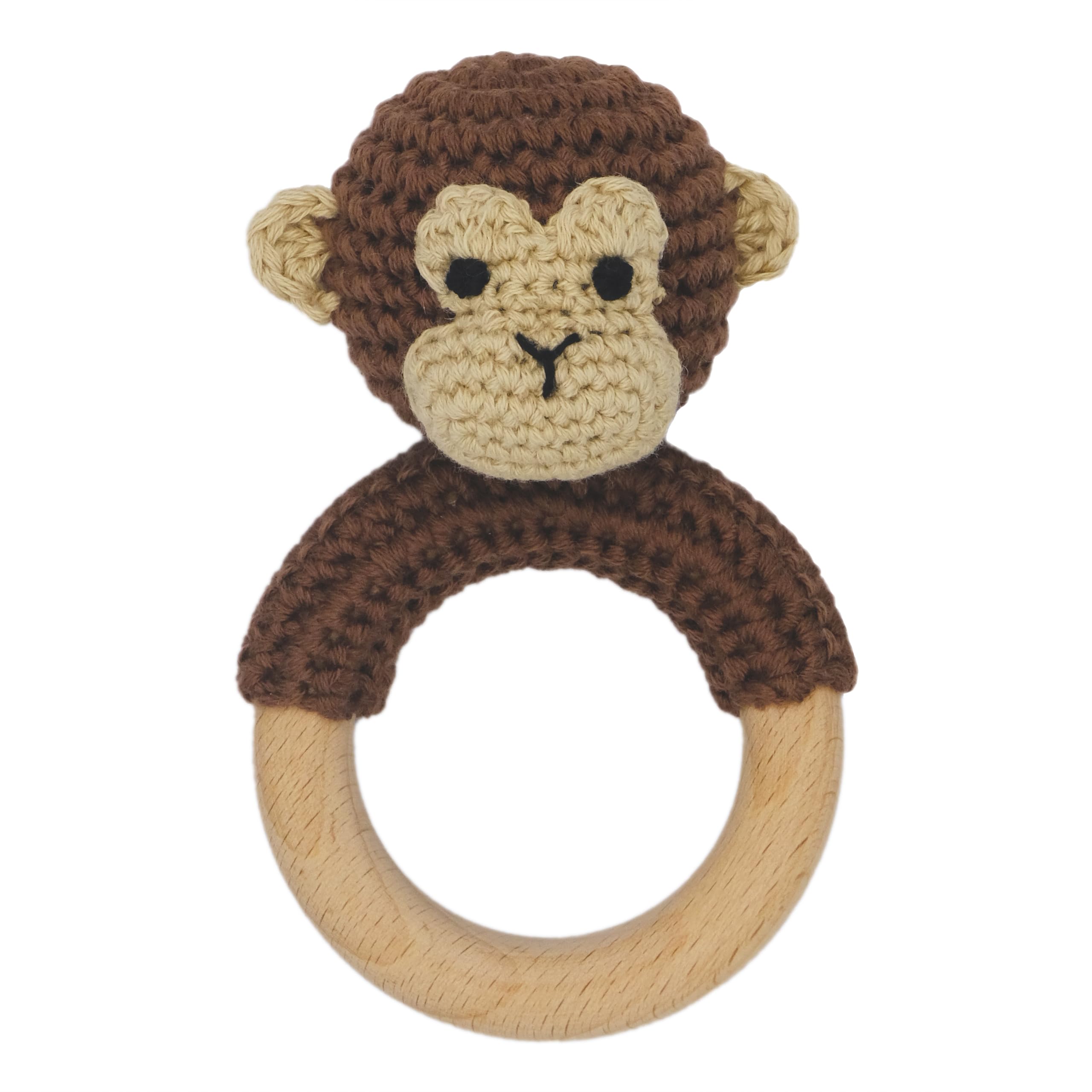 Joliecraft Safari Animals Wooden Baby Rattle Toys Stuffed Crochet Rattle with Teether Ring for Newborn, Brown Monkey