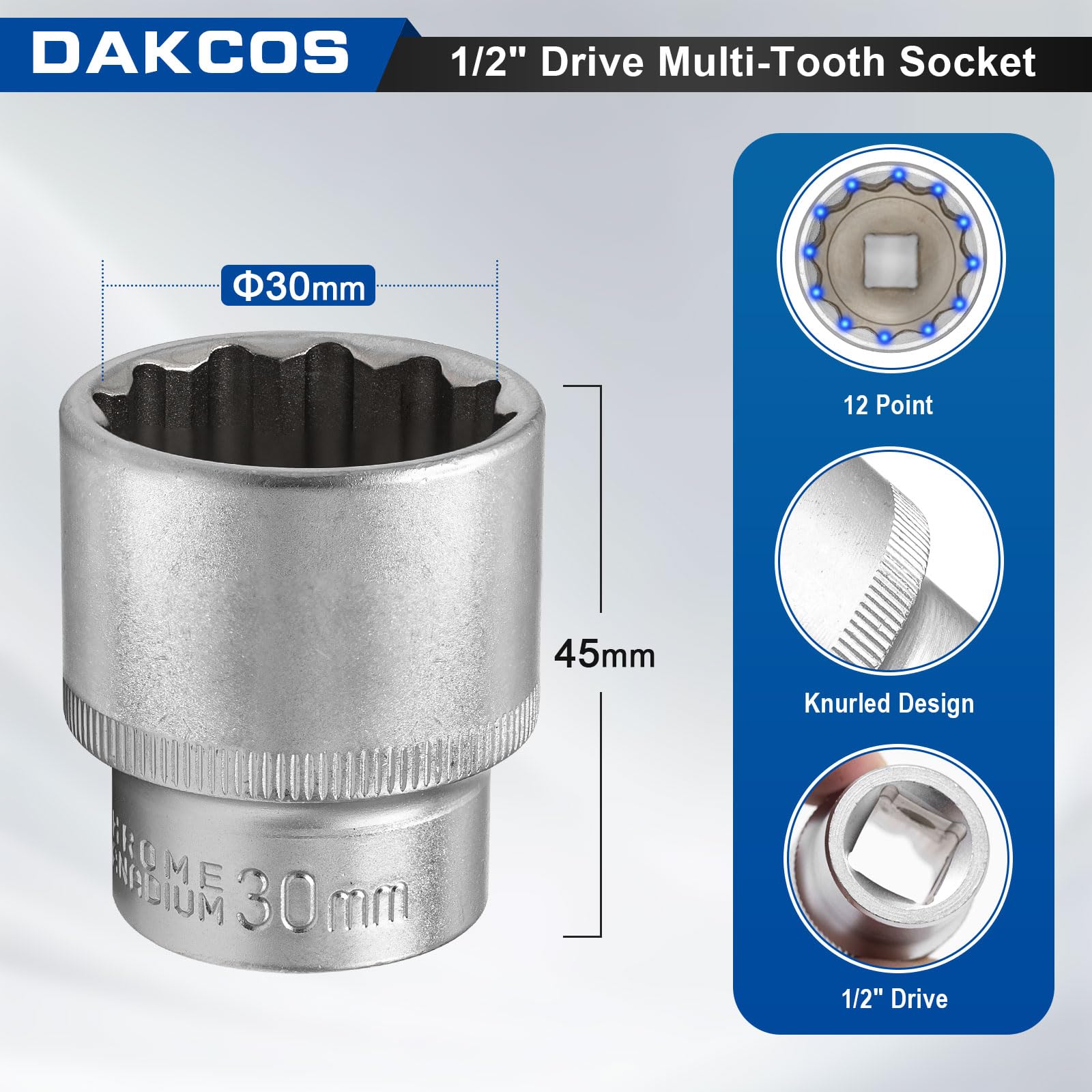 DAKCOS 30mm Spline Socket 1/2" Drive Multi-Tooth 12 Ponit Socket Spanner,CR-V, Mat Chrome Finis - Image 2
