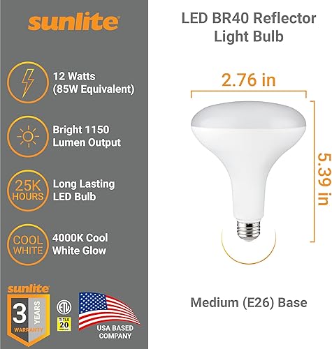 Miniatura 2 de Sunlite 81489 Bombilla LED BR40 reflectora, 13 vatios (equivalente a 85 vatios), 120 V, 1150 lúmenes, base E26 media, 90 CRI, regulable, Energy