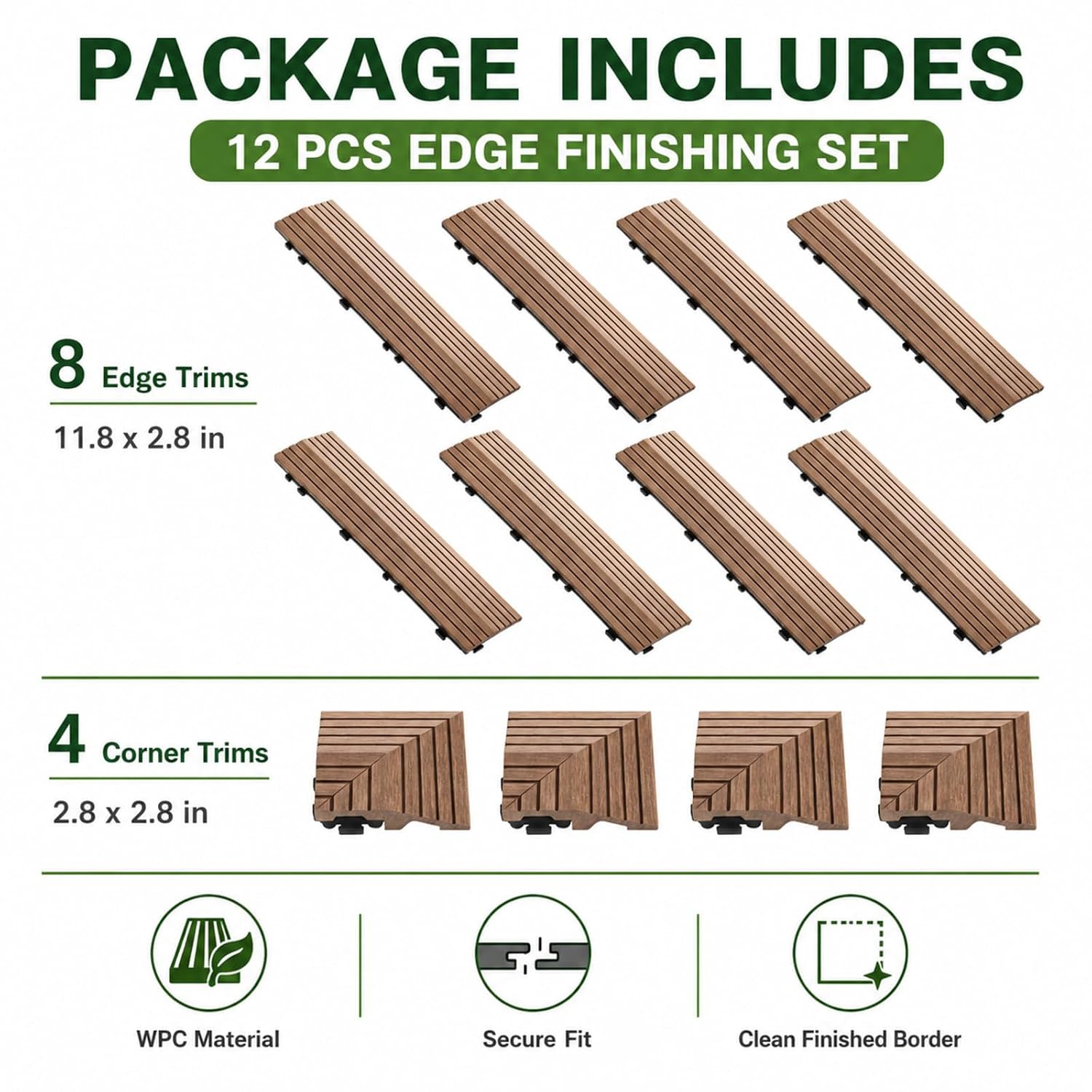 Ripeng Teak 12 Pack Wood Deck Tile Edge Trim Set 8 Pcs Straight Edge 4 Pcs Corner Edges Compatible 12 Inch Interlocking Deck Tiles Teak Patio Trim Easy Install for Flooring Porch Tiles Not Included