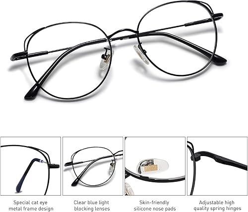 Vista 2 de SOJOS - Lentes de bloqueo de luz azul, estilo ojo de gato y hipster, marco de metal, para mujeres, Negro, Medio