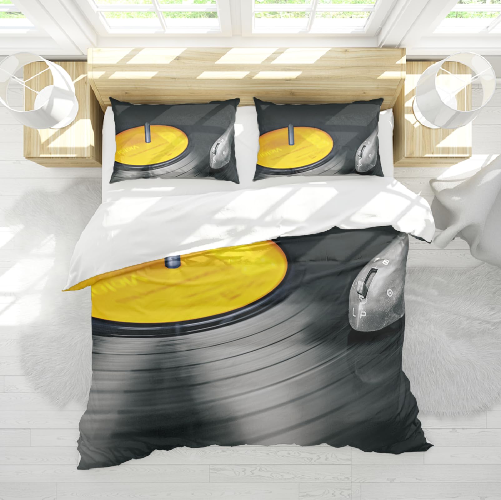 Abstract Art Duvet Cover Record Soft Microfiber Bed Quilt Cover con 2 federe Easy Care Yellow and Black Bedding Set di 3 pezzi 220x240cm