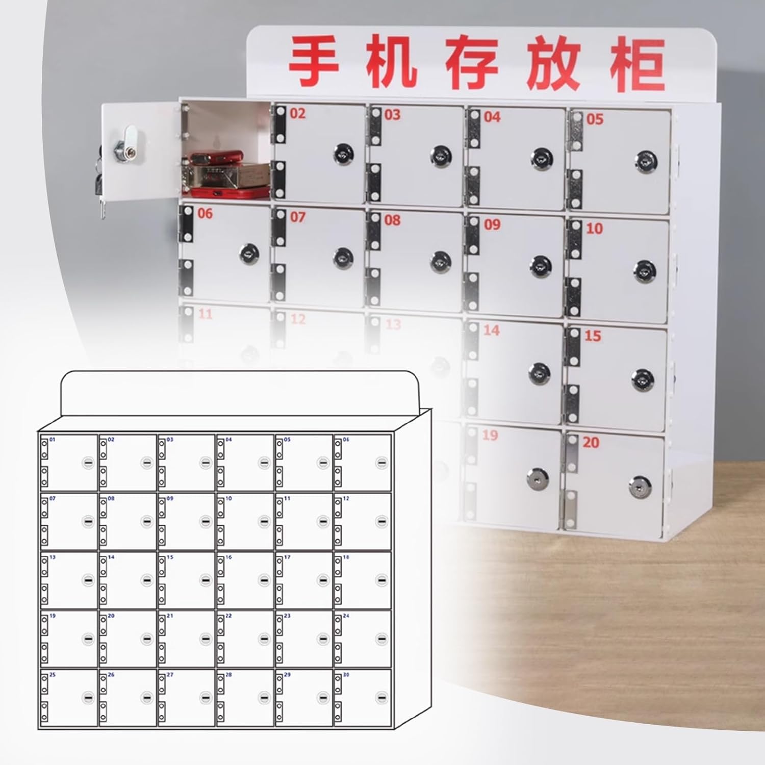 Acrylic Cell Phone Locker - 30 Slot Storage Cabinet for Police Stations, Secure Cell Phone Jail Lock Box, Ideal Independent Phone Storage Solution, White Color