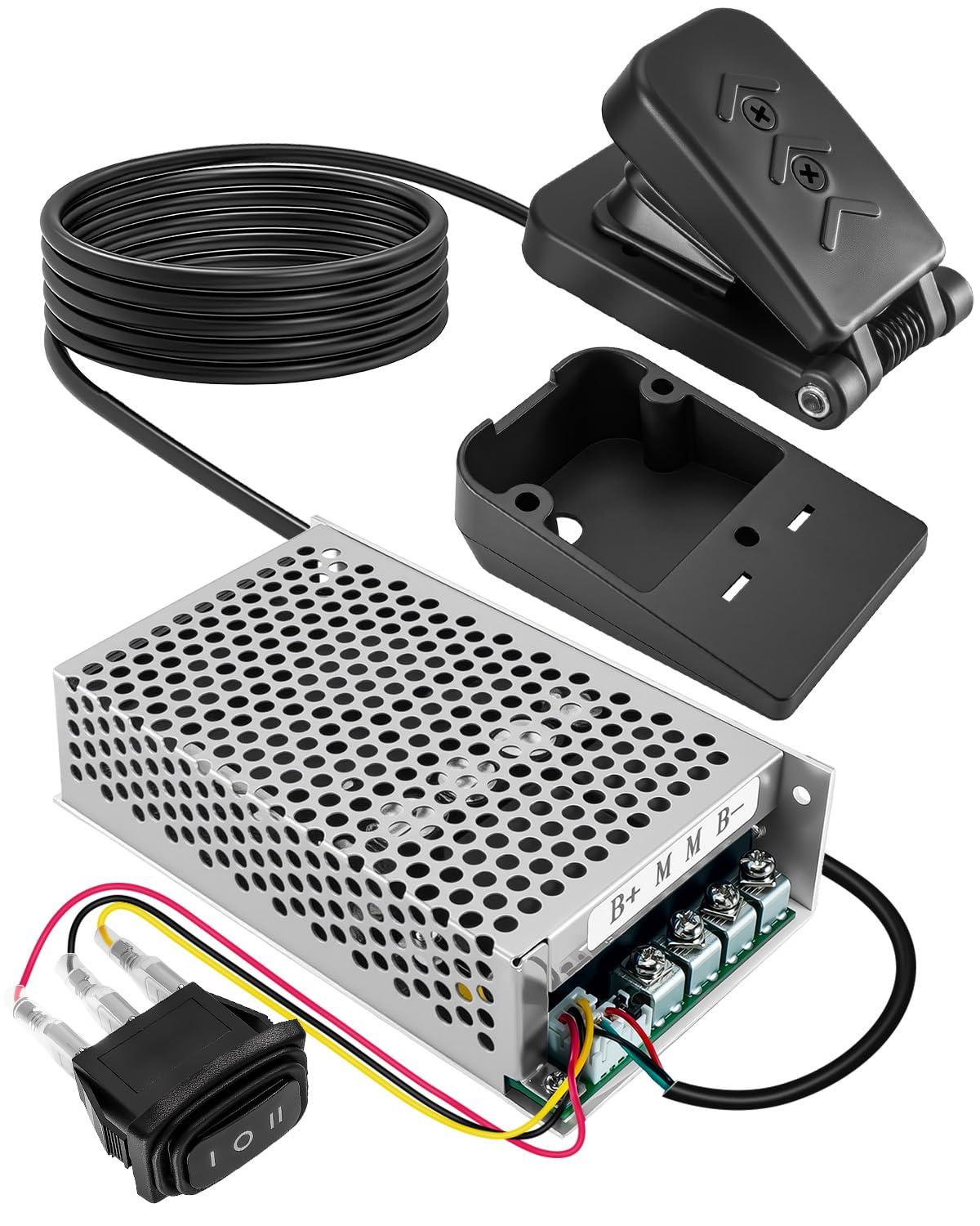 PWM DC Motor Speed Controller Kit with Foot Pedal, 10-50V 100A Adjustable Speed Regulator, Reversible Switch, Cooling Fan and Fuse Protection for Power Wheel, Electric Toy Car, and DIY Projects