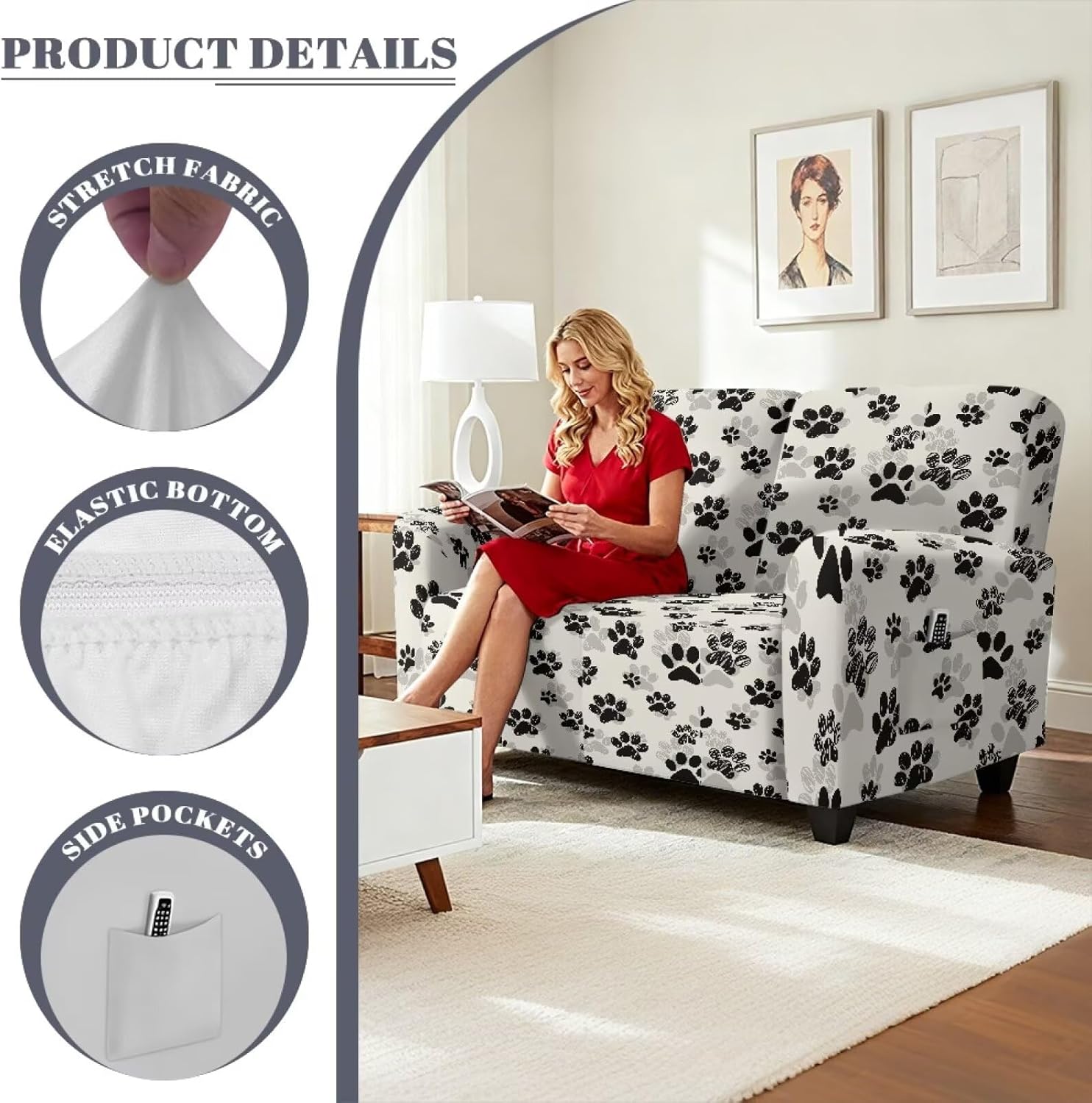 6 Piece Stretch Reclining Loveseat with Pockets Slipcover, Dog Paw Print 2 Seater Loveseat Recliner Cover, Recliner Couch Sofa Covers, Furniture Protector Cover for Pet Kid