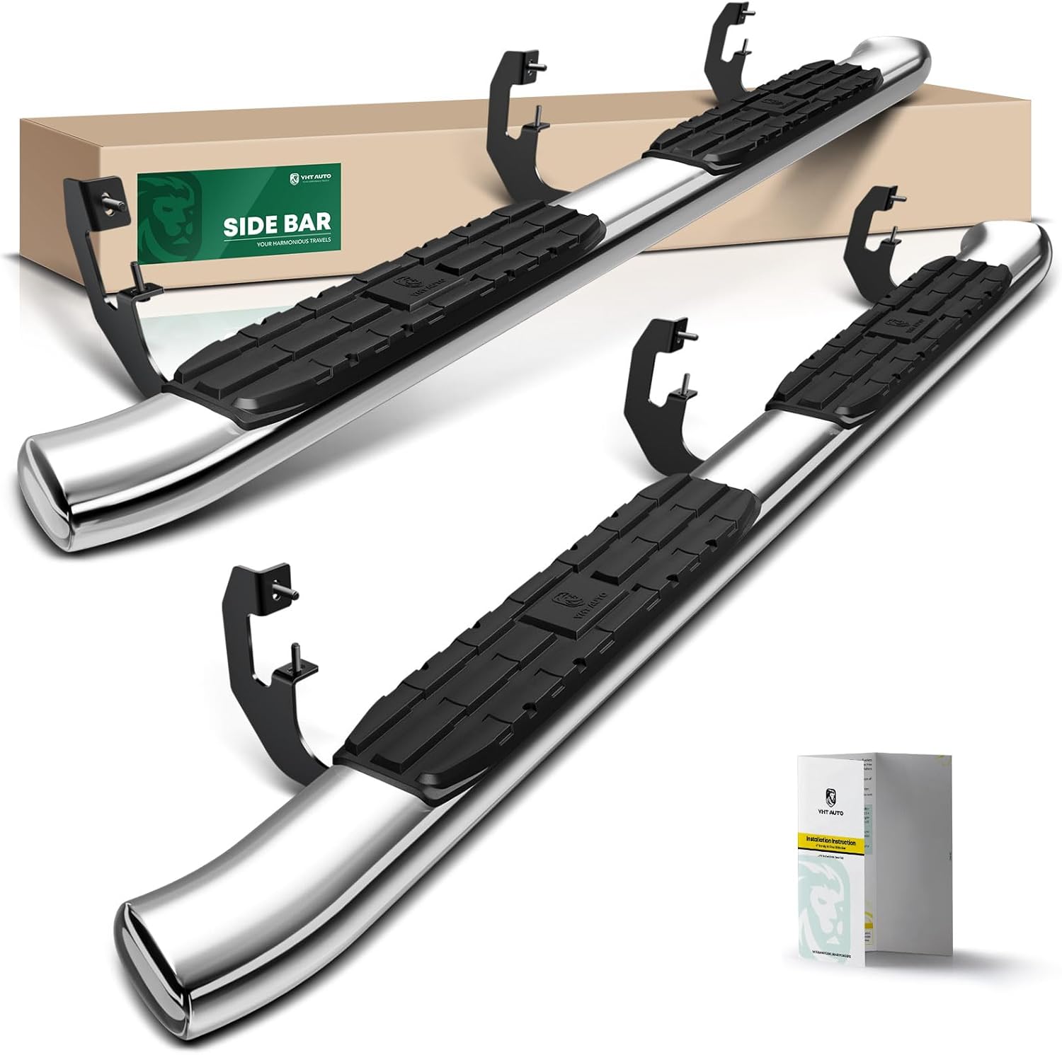 YHTAUTO 4.25" Running Boards Side Steps Fit 2007-2019 Chevy Silverado & GMC Sierra 1500 2500HD 3500HD, Extended/Double Cab, Oval Bent Ends Stainless Steel Polished Chrome, Truck Cab Side Rails