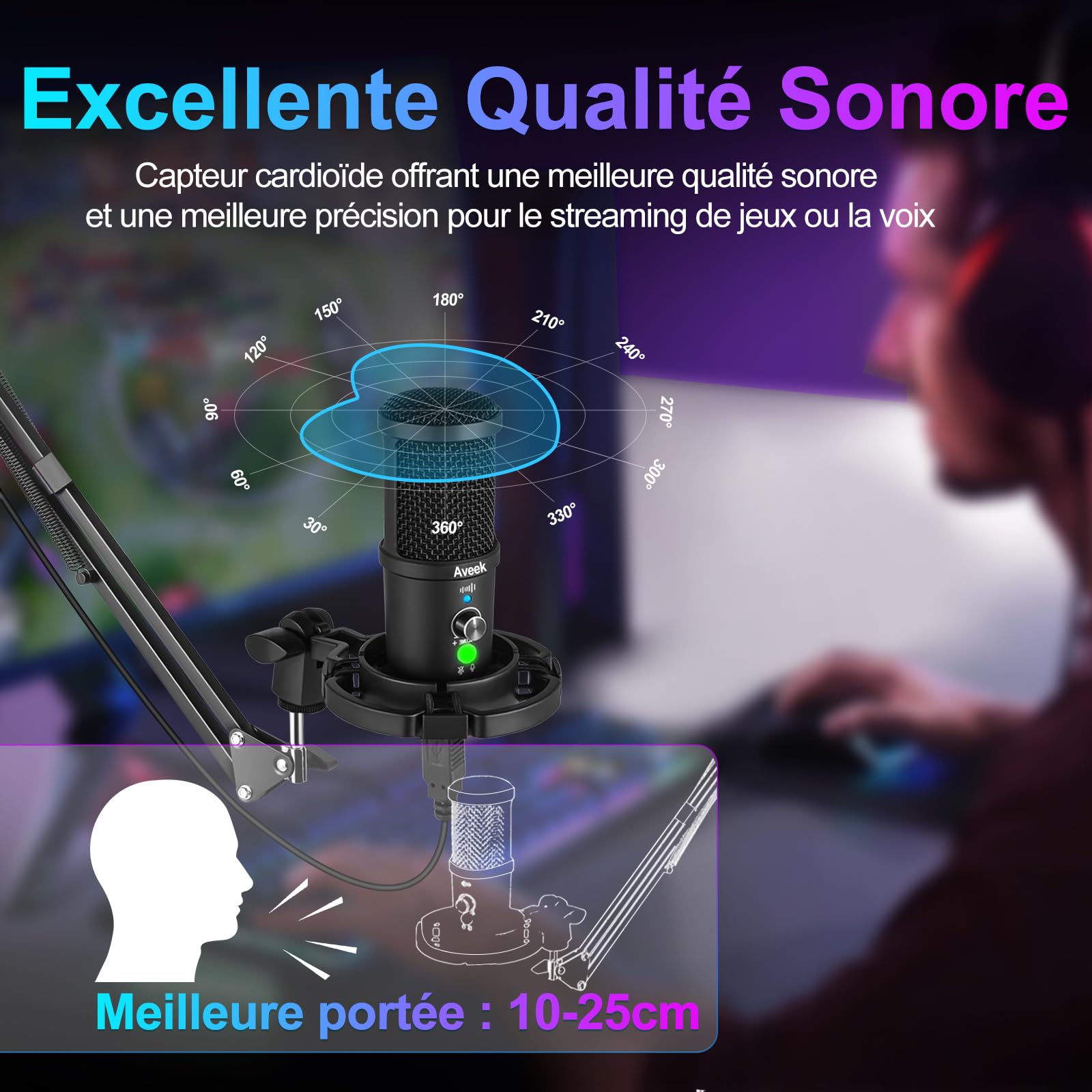 Aveek Micro USB à Condensateur avec Bras Articulé - Qualité Studio, Muet, Réduction de Bruit, Plug & Play pour Podcast, Streaming, Jeu, Youtube, Compatible PC, Mac, PS5, Téléphone USB-C