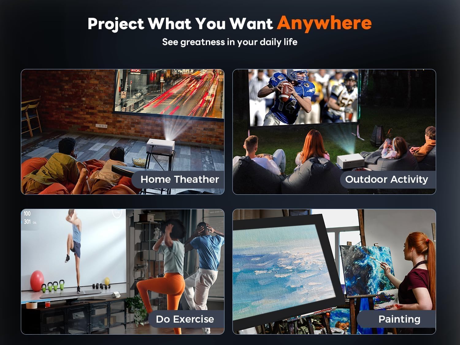 Four panels showing the projector being used for home theater, outdoor activity, exercise, and painting