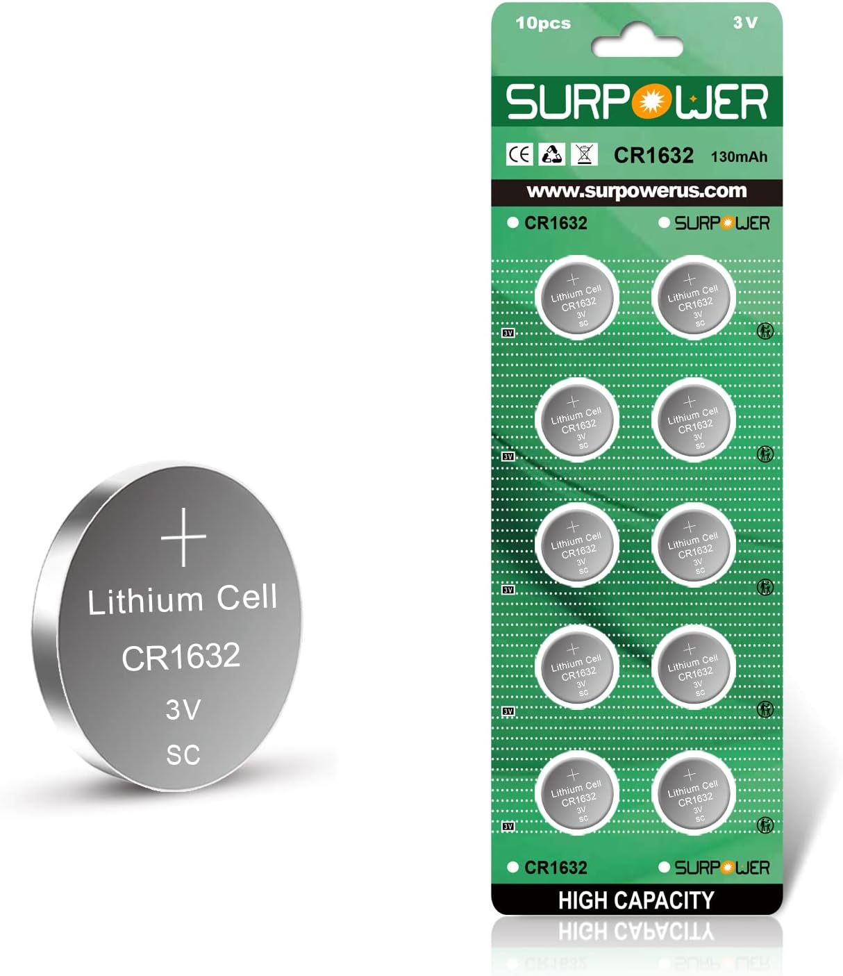 【5-Year Warranty】 SURPOWER CR1632 3V Lithium Battery CR 1632-10 Pack