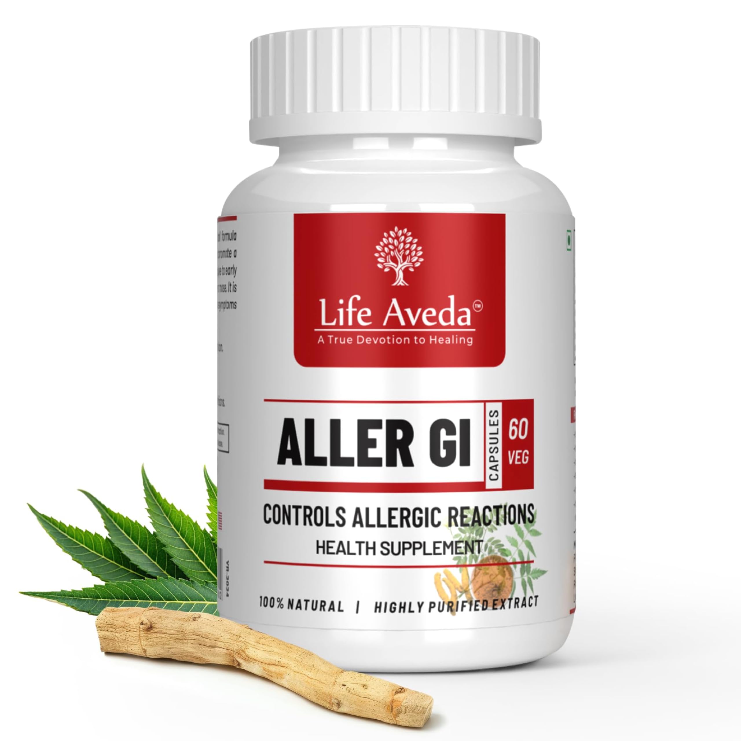 Life Aveda 100% Natural Ayurvedic Aller Gi Capsules for Allergic Reactions, Reduces Mild Asthma, Sneezes, Reduces Congestion And Skin Redness - 60 Capsules (Pack of 1)