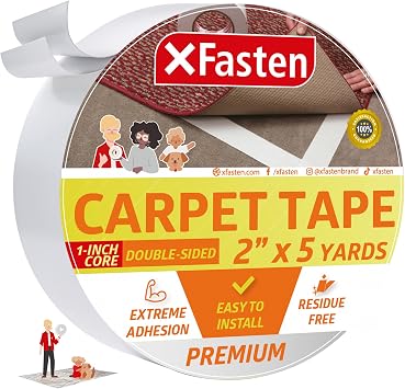 XFasten Double Sided Carpet Tape - Heavy Duty 2 x 5 yds, 1 Core Carpet Tape for Area Rugs Over Carpet, Keep Rug in Place, Double Sided Rug Tape Hardwood Floor, Laminate, Tile
