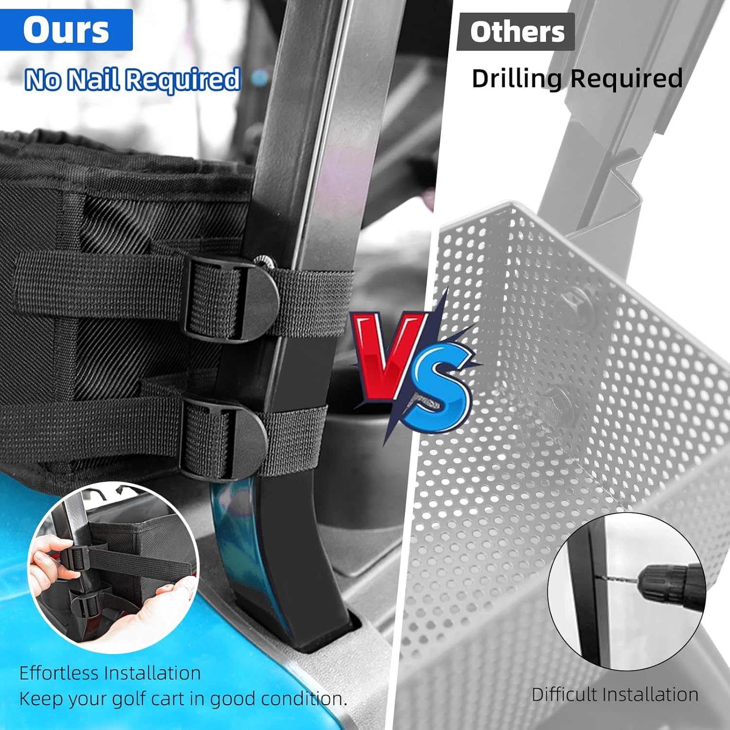 Golf Cart Storage Basket No Drilling Front Inner Basket w/Insulated Cup Holder, Dash Tray Organizer Compatible with EZGO Club Car Yamaha, 1680D Waterproof Oxford, No Affect Windshield