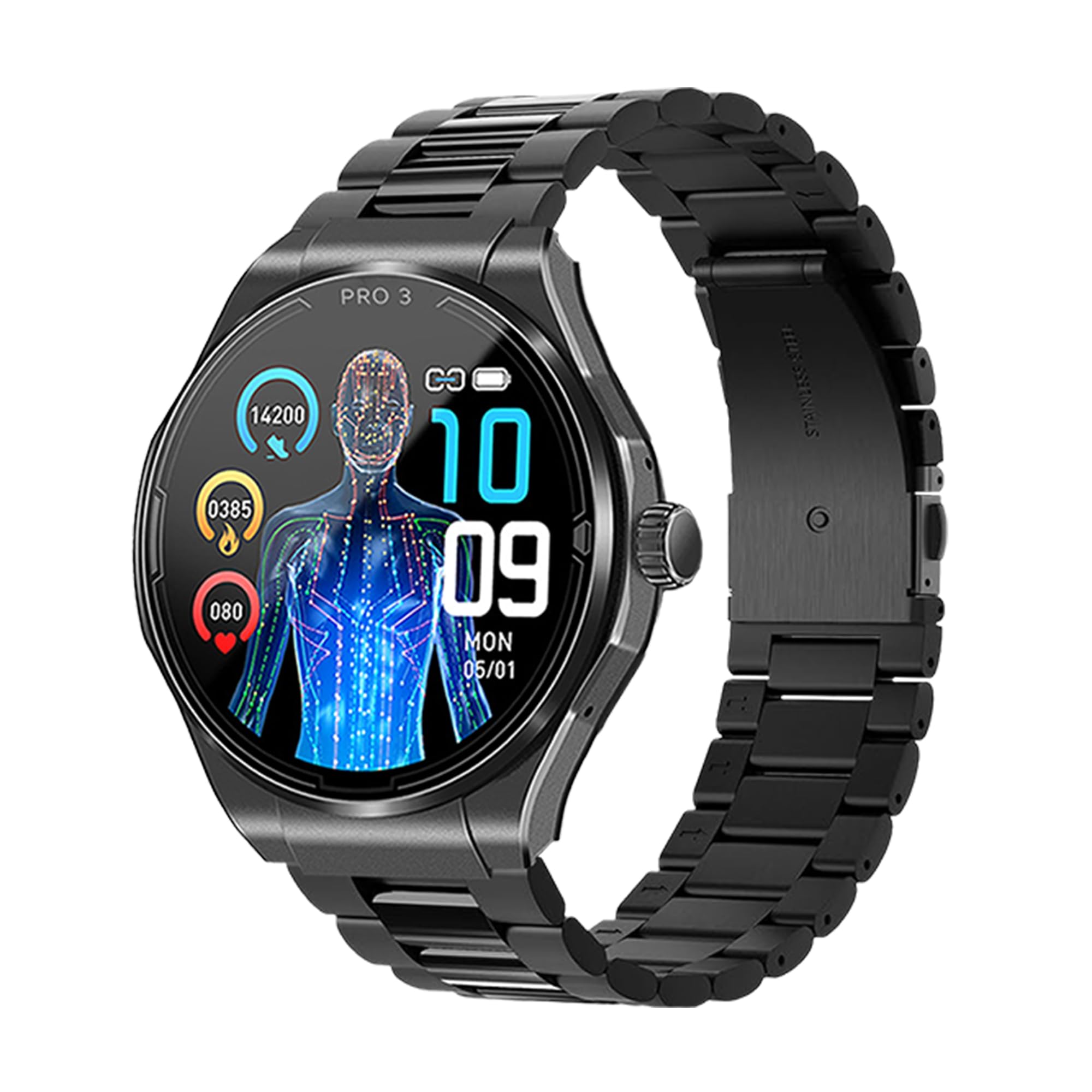 Knauermann PRO 3 (2024) czarny – inteligentny zegarek medyczny z funkcją telefonu – EKG + HRV i funkcja SOS, wyświetlacz AMOLED BT Bluetooth, bezdech senny, czarny tytanowy pasek, 14-24,