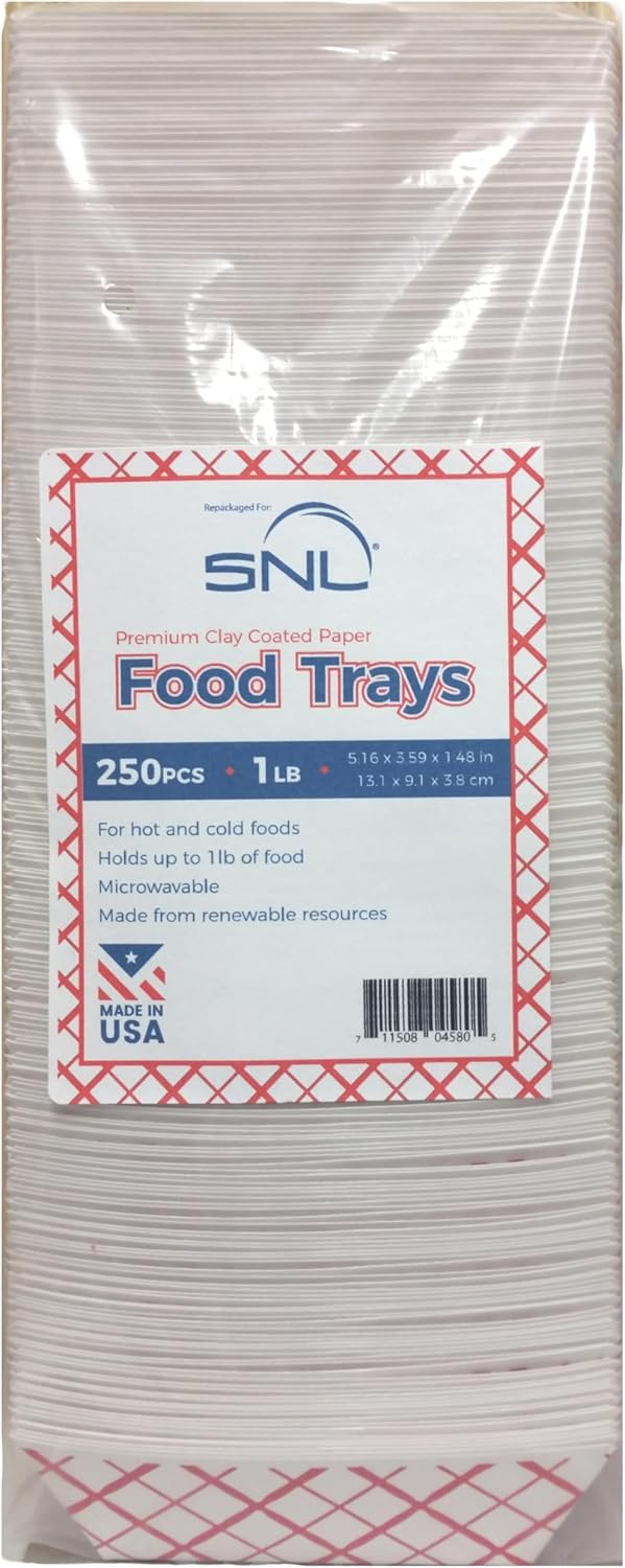SNL 1lb Paper Food Trays, Durable, Made in USA. Holds Nachos, Fries, Hot Corn Dogs, Ice Cream and more. - 1 Pound Capacity, 250 Pack