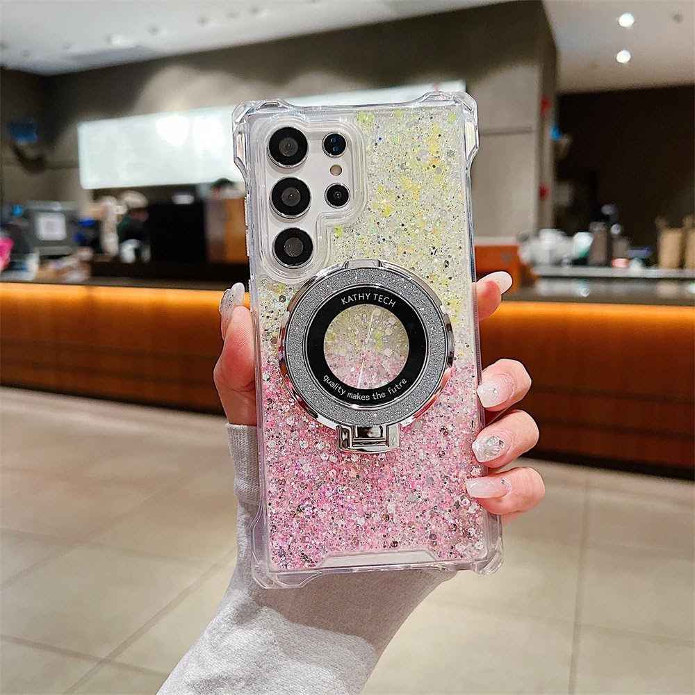 Étui pour Samsung S23 Plus avec support d'anneau à paillettes jaune rose - 7