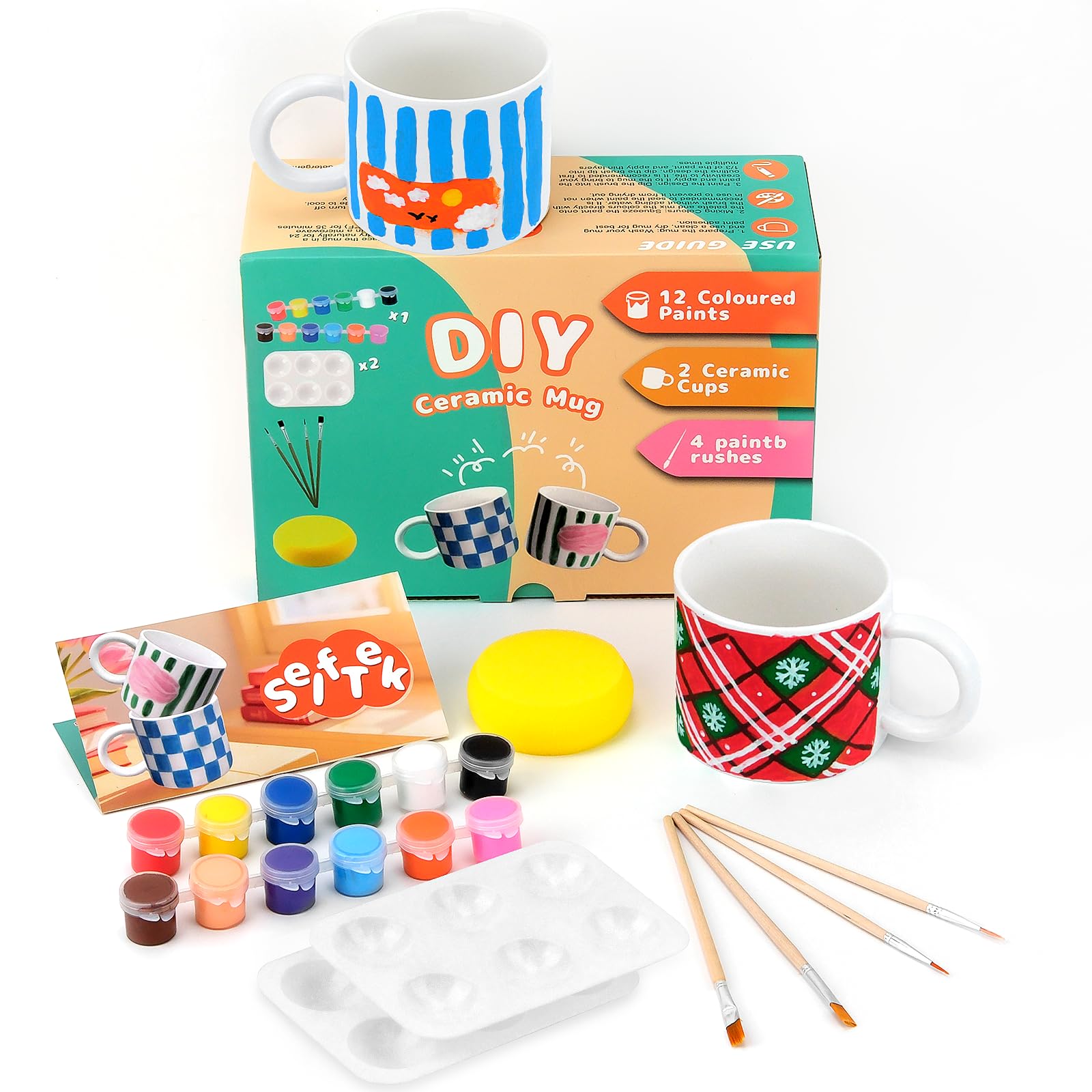 SelfTek DIY Keramik Bemalen Set - Tassen zum Bemalen Kreativ Set für Erwachsene mit 2 Tassen, 12 Farben, 4 Pinsel, 2 Palette, Malinspirationen, Geschenk für Freund Familie Lieber