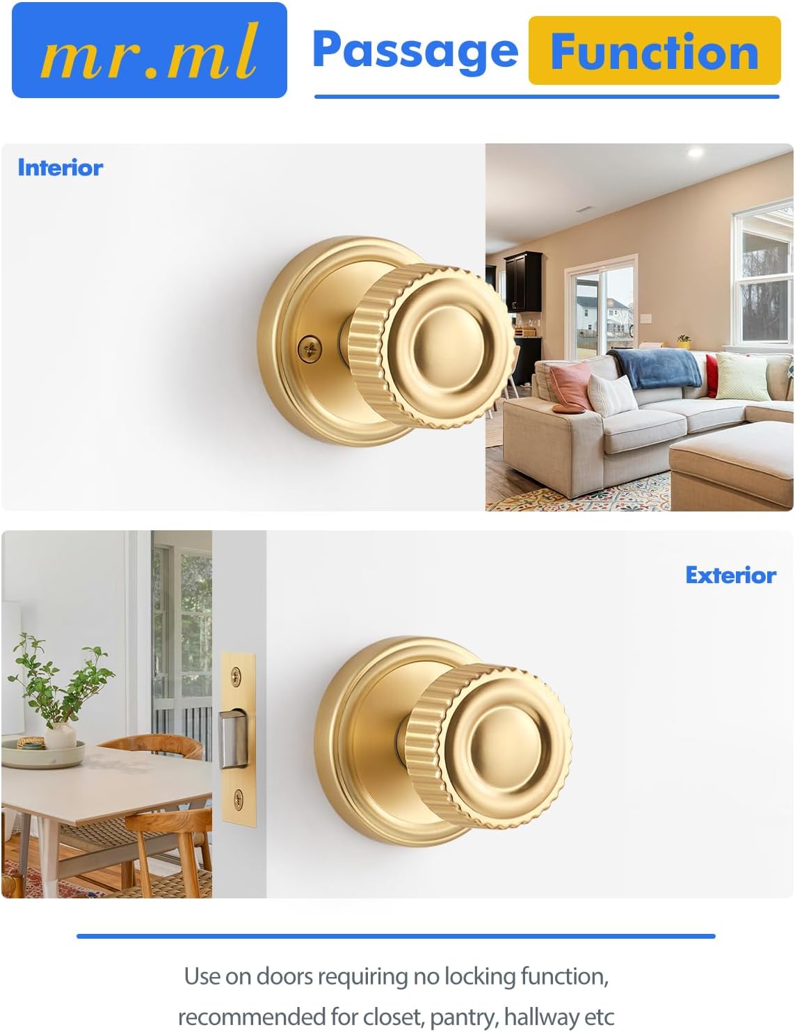 Brushed Gold Passage Door knob, Interior Hall Closet Light Gold Door Knob, Kitchen Pantry Laundry Room Gold Door Handle, Aluminium Alloy Knob, 1 Pack