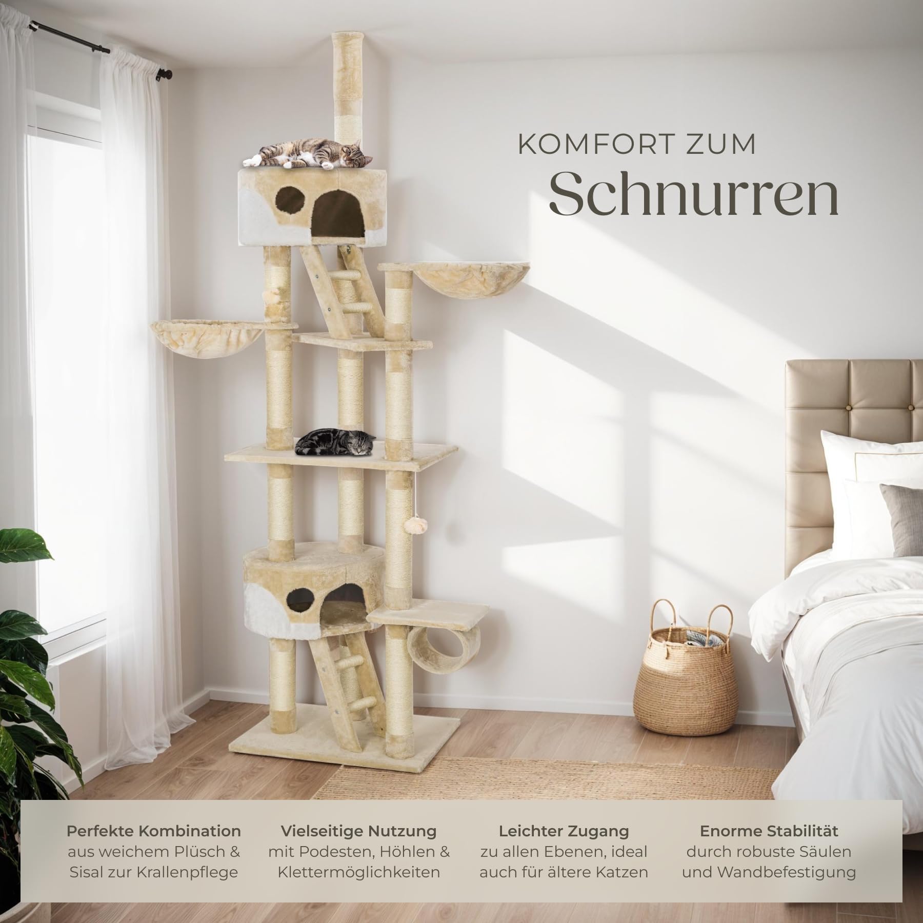 tectake Katzen Kratzbaum, Katzenbaum XXL, Kratzbaum deckenhoch, höhenverstellbar von 243-260cm, Kletterbaum mit Treppe, Höhle, Röhre, Liegemulde und Sisalsäule - beige/weiß