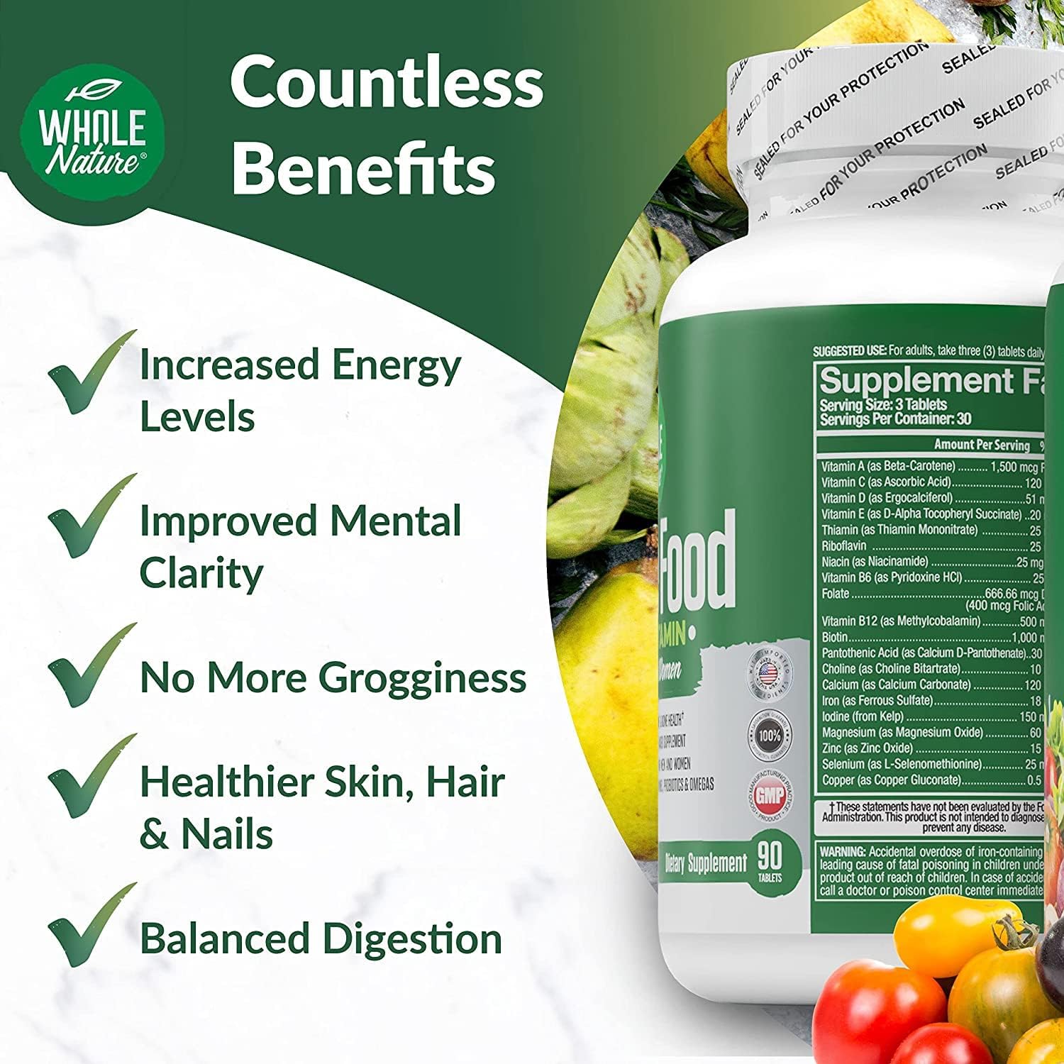 Whole Food Multivitamin for Men and Women Complete Daily Superfood Vitamins Plus Minerals Digestive Enzymes, Probiotics and Omegas. Plant Based Multi Vitamin, Non GMO (3)
