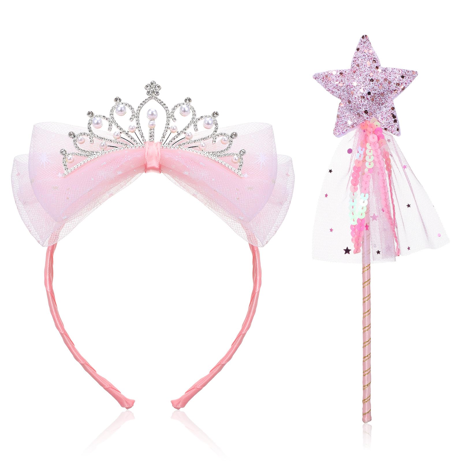 ZEYIYER Pink Fairy Wand, Pink Princess Star Wand and Princess Crown, Elegant Glitter Angel Star Wands Sticks for Easter, Halloween, Christmas, Birthday, Party Costume Props Supplies