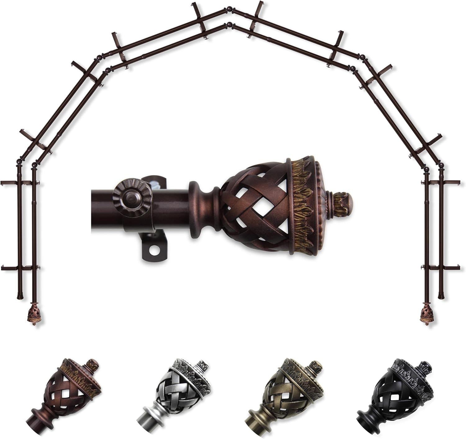 A&F Rod Décor - Bernadette 13/16" 6-Sided Double Bay Window Curtain Rod - Cocoa