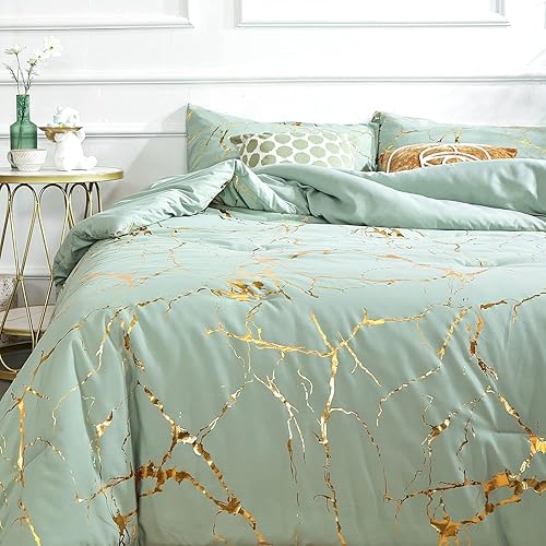 Smoofy Sage Green Comforter King Bed Set Marble Print Glitter Gold Bedding Set Luxury Shinny Sage Green King Comforter Set for Men Women King Size Bedding Set 3Pcs (1 Comforter, 2 Pillowcases)