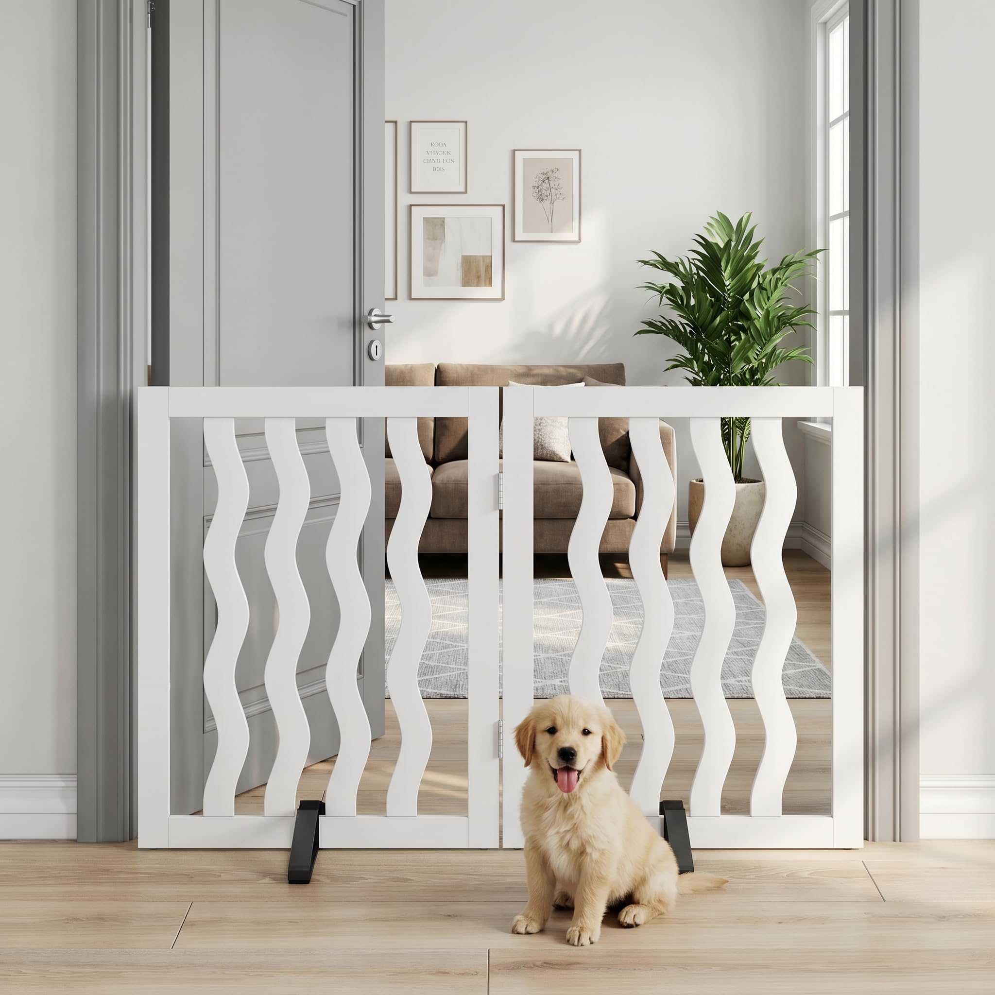 Dog Gate, Wavy Freestanding Dog Gates for Doorways 2 Panels (white)