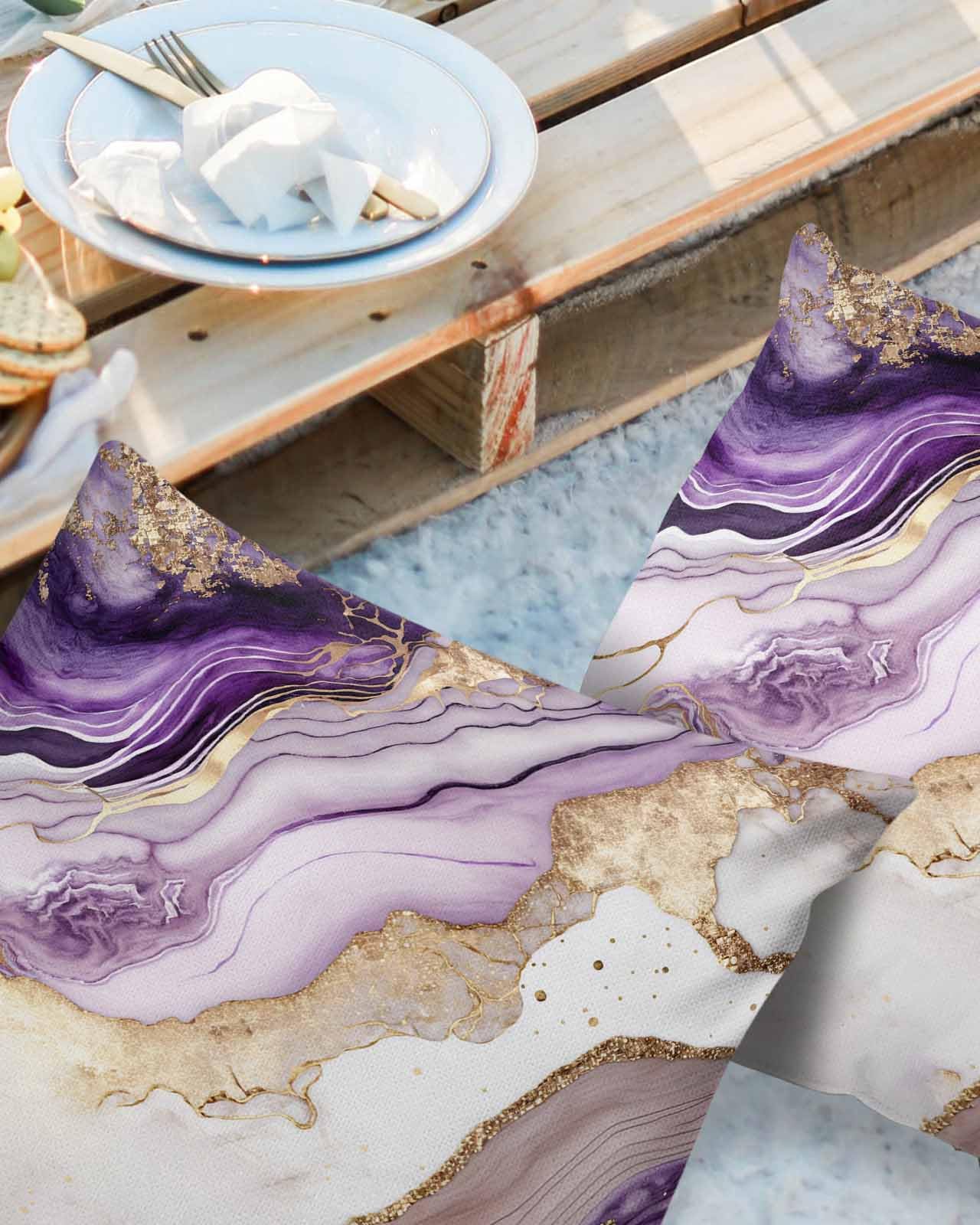 Purple Marble Outdoor Pillow Covers Waterproof, All Weather Cushion Case Set of 2, Gradual Marbling Luxurious Gold White Decorative Pillowcases for Sofa Couch Bed Decor Patio Furniture 18