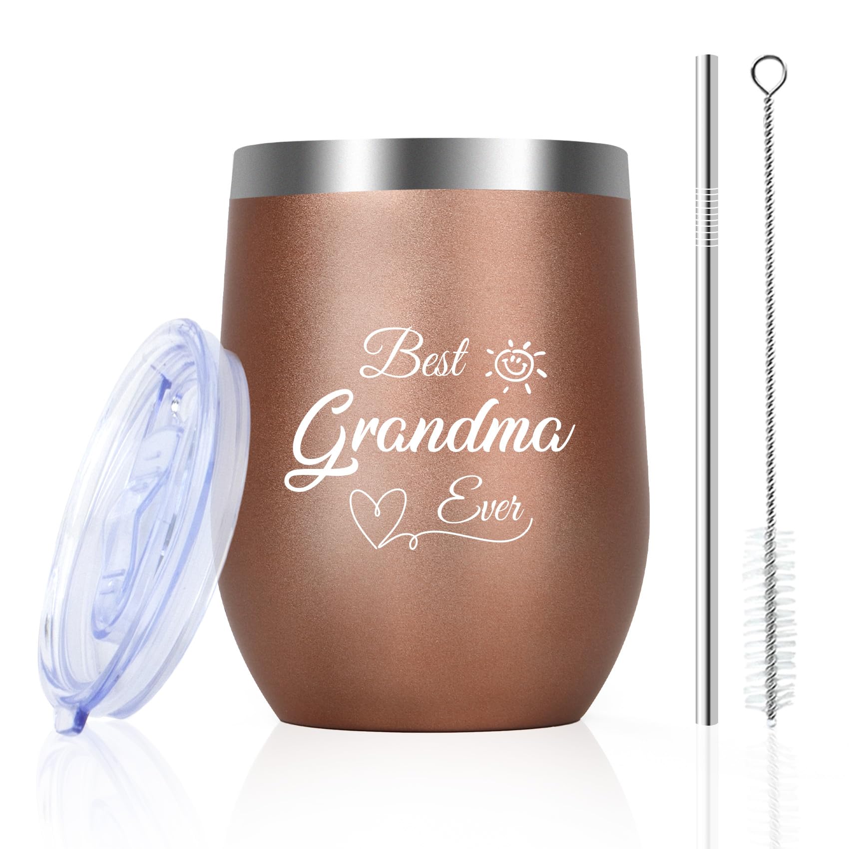 Grandma Mothers Day Gifts Granny Gifts from Grandson Granddaughter Nana Nan Granny Gran Birthday Gifts Present 12oz Insulated Wine Tumbler with Straw and Lid Coffee Cup Mug Rose Gold Christmas