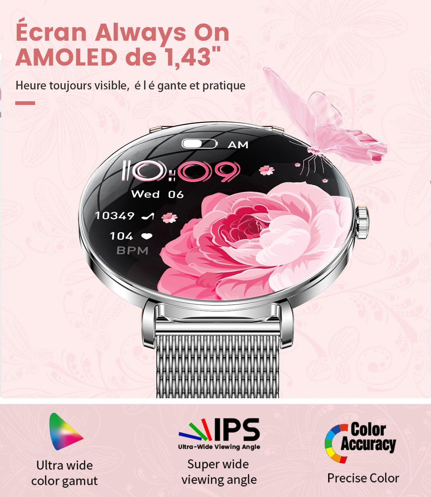 LIGE Montre Connectée Femme 1,43'' AMOLED Smartwatch avec 2 Bracelets, Fréquence Cardiaque, Sommeil, IP68, 100+ Sportifs pour Android iOS