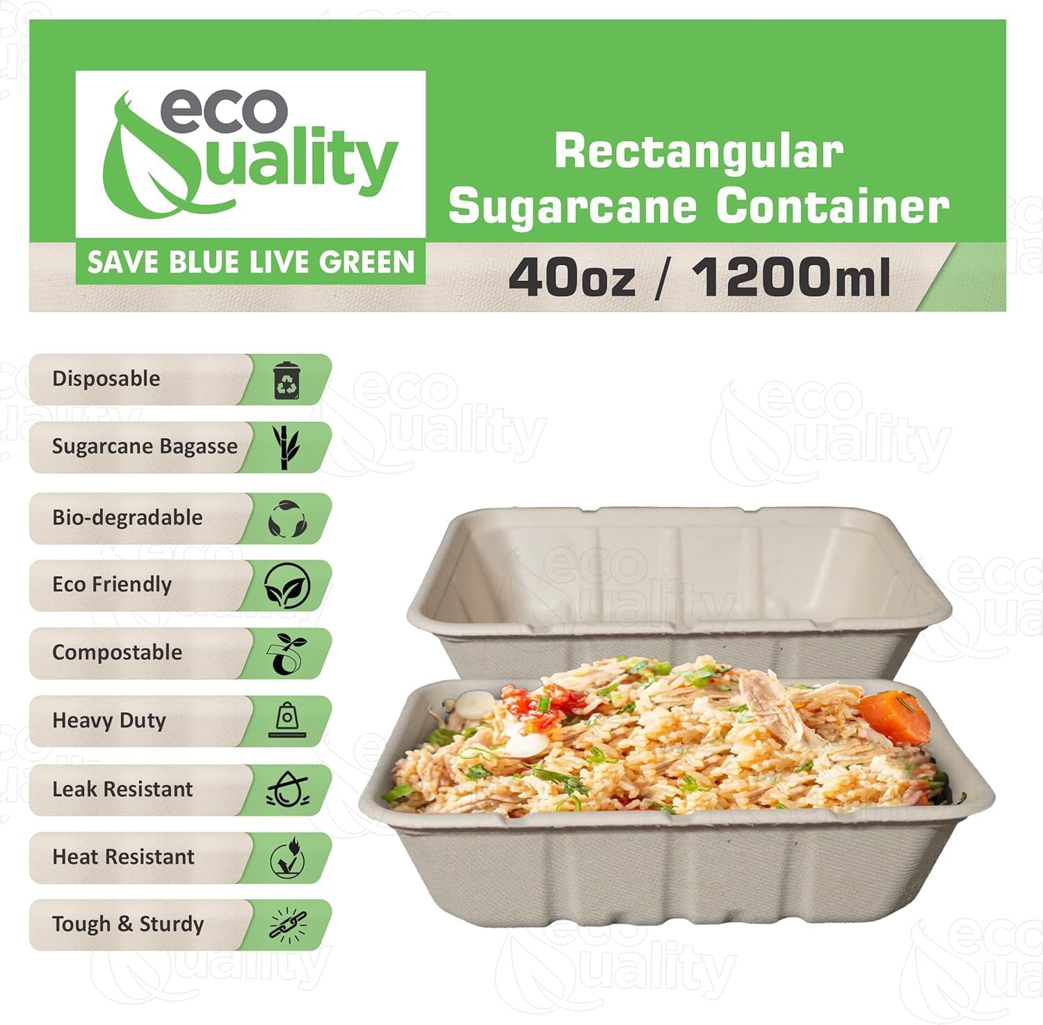 EcoQuality 40oz Disposable Bowls - Rectangular Compostable Sugarcane Fiber Biodegradable Paper Bowls Eco-Friendly Oblong Take Out Food Containers, Food Storage, Microwave Safe, Meal Prep (100 PACK)