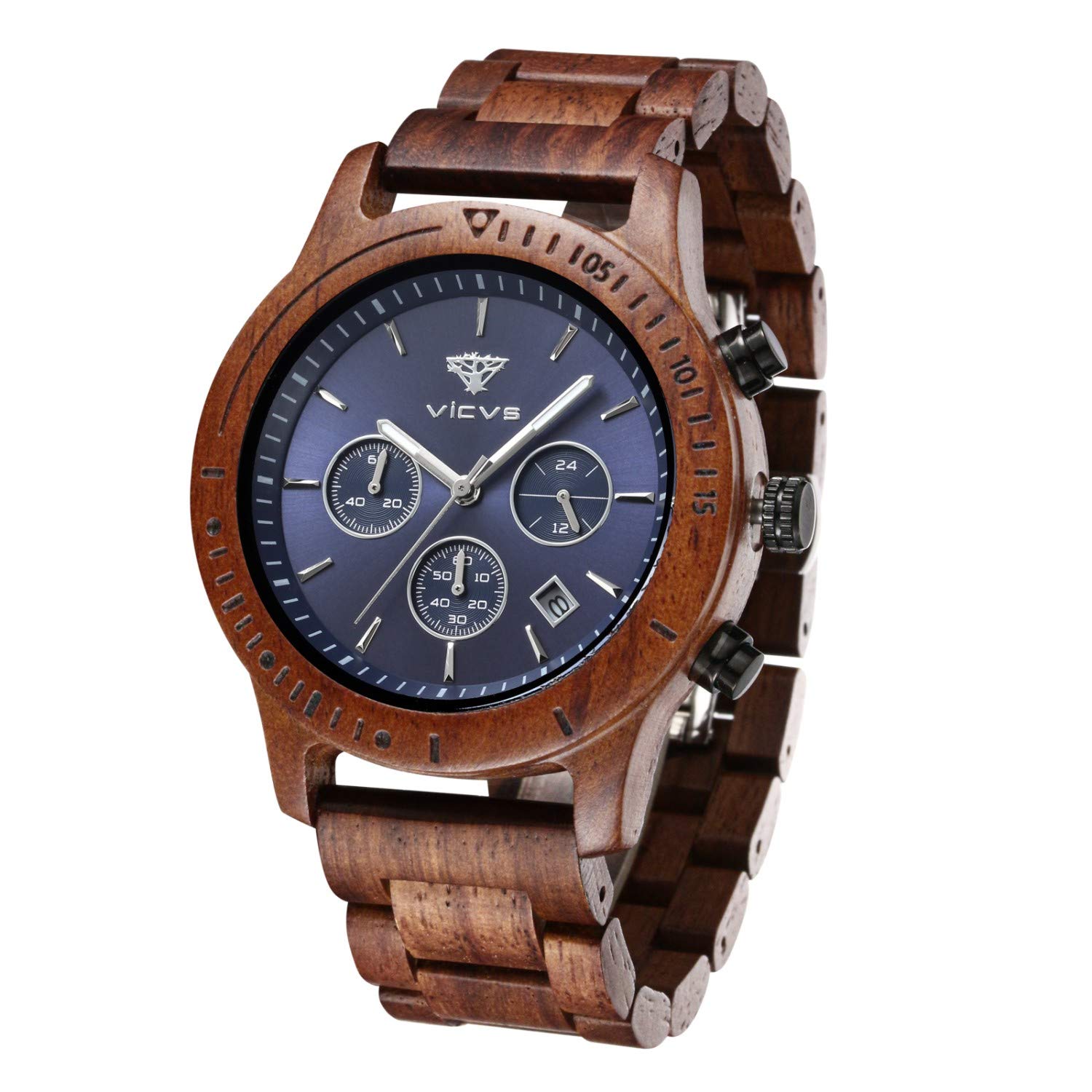 VICVS Orologio da uomo in legno, orologio da uomo Pterocarpus soyauxii in noce nero, cronografo multifunzione con cinturino in legno, adatto a qualsiasi polso