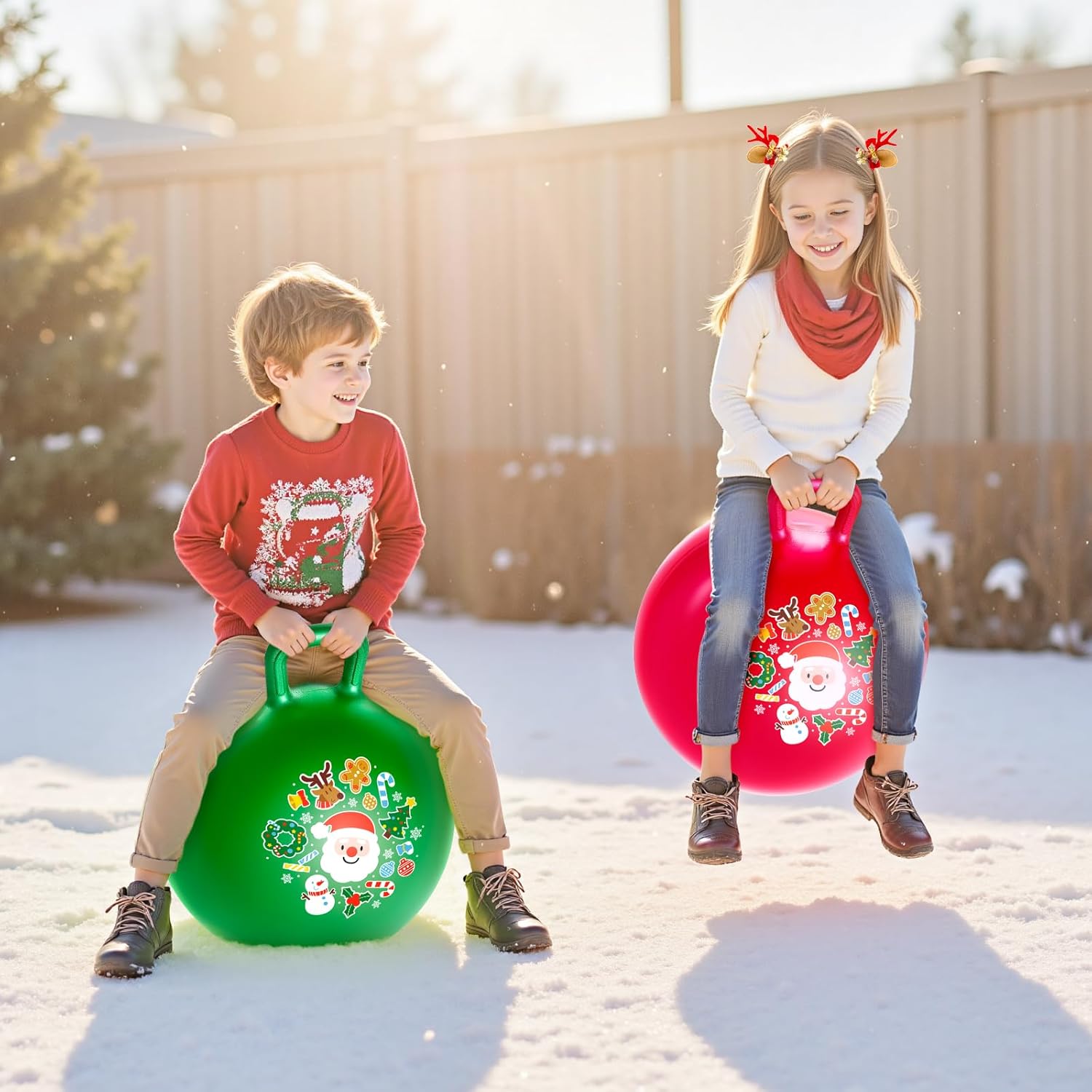 ZOOJOY Hopper Ball 2-Pack Set for Girls&Boys 3-8 with Free Hair Clips, Festive Red & Green 18in Bouncy Ball with Handle for Kids, Christmas Toys Indoor and Outdoor Play Includes Pumps