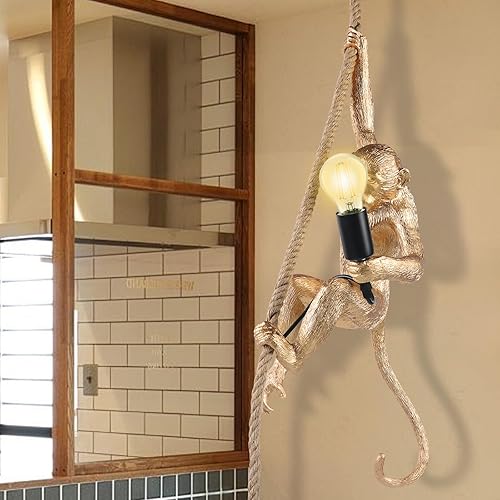 Miniatura 3 de TFCFL Lámpara colgante de mono de resina con cuerda de cáñamo, lámpara colgante de mono de cuerda de cáñamo vintage, lámpara colgante industrial