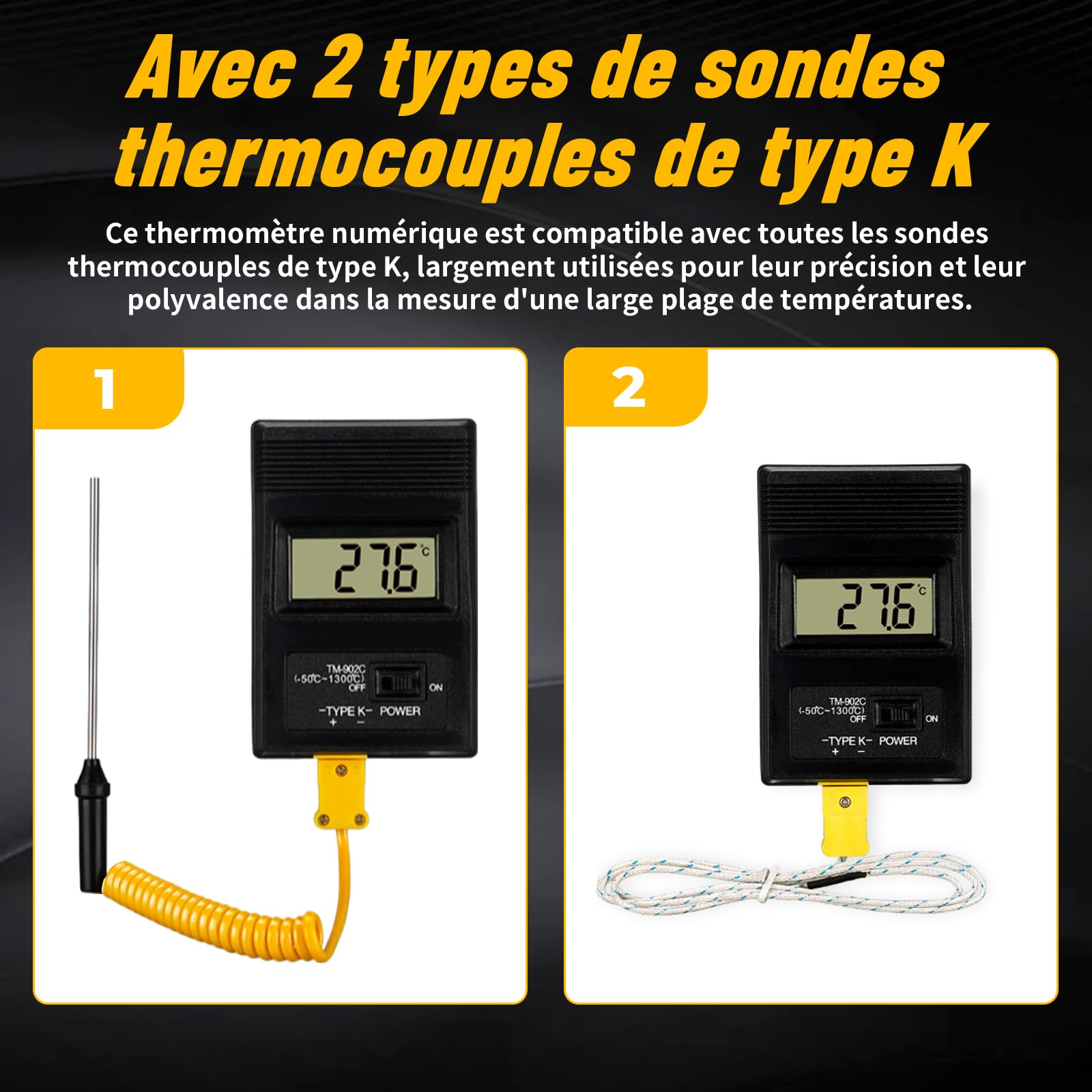 Type K Thermocouple Thermomètre, -50~1300℃ Thermomètre numérique Testeur de Température à Thermocouple Type K, Type De Contact Thermomètres Avec 2 Thermocouples pour Gaz, Liquides