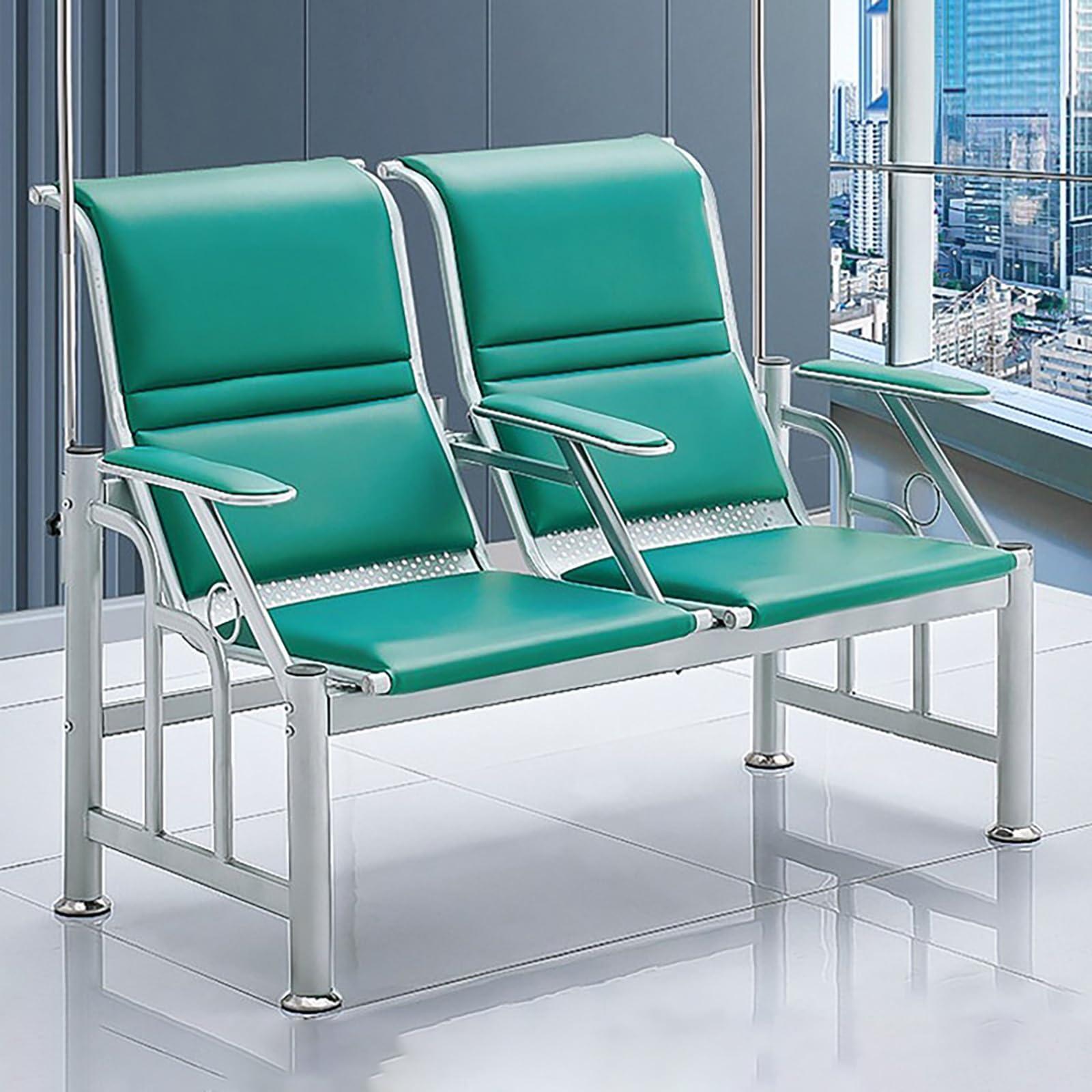 WDSOPK Waiting Room Chairs,3-Seat Leather Waiting Room Bench with Armrests & IV Stand, Phlebotomy Chair for Lobby & Comfortable Reception Chairs(Green-2-Seat)