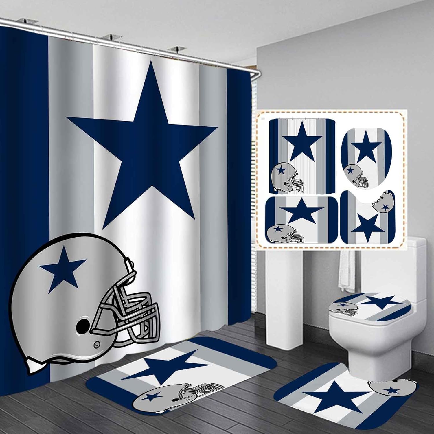 Namdeva 4PCS/Set American Football Shower Curtain, White Navy Blue Stripe Texas Star Championship Player Athlete Modern Cool Sports Bathroom Decor for Men, Non-Slip Bath Rugs Toilet Mat, Grey Helmet