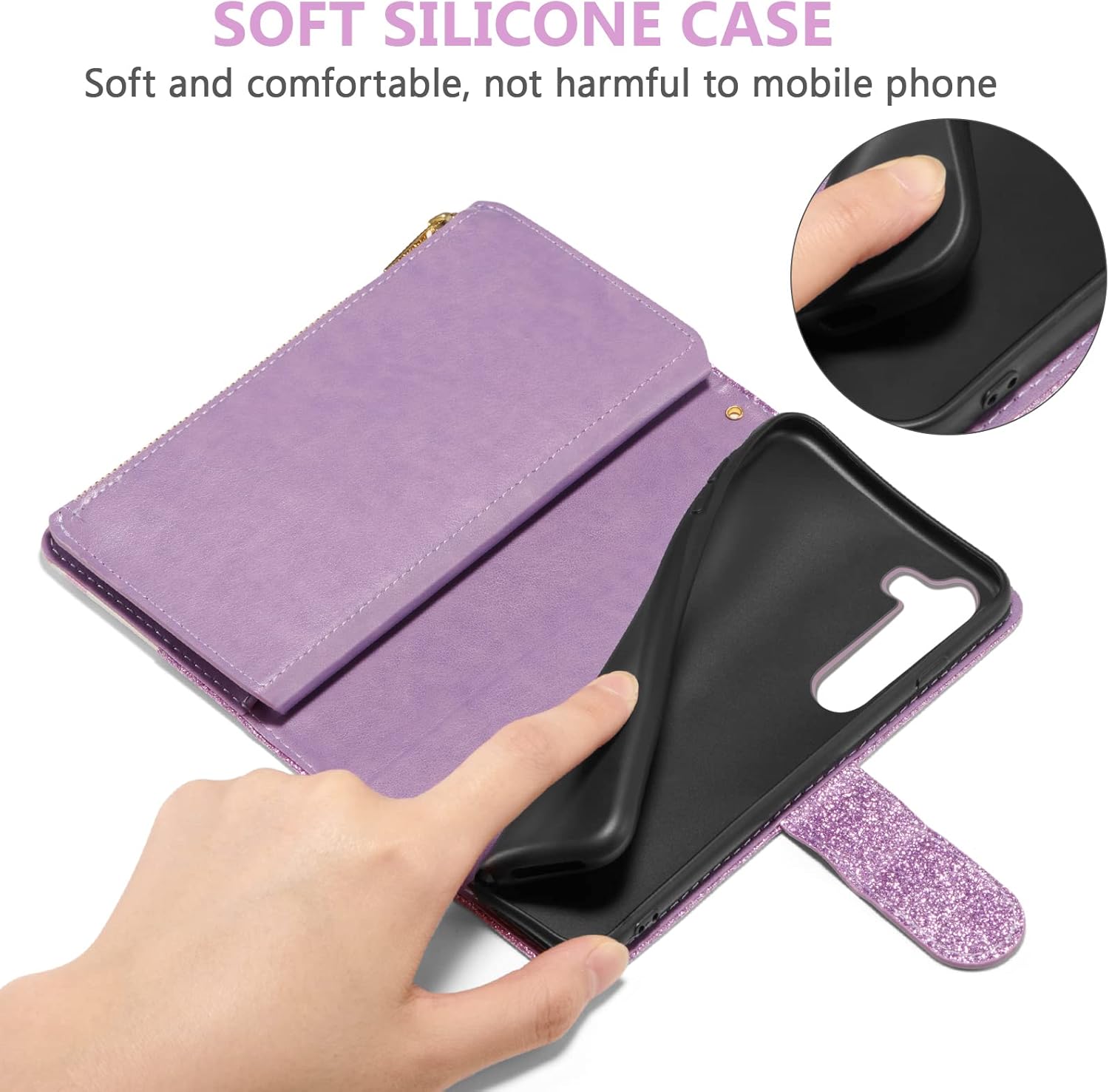 UEEBAI Wallet Case for Samsung Galaxy S25 Ultra 5G, PU Leather Wallet Magnetic Closure Handbag Zipper Pocket Cover Kickstand Card Slots with Hand Strap Rose Flip Case for Women - Bling Purple - Image 3