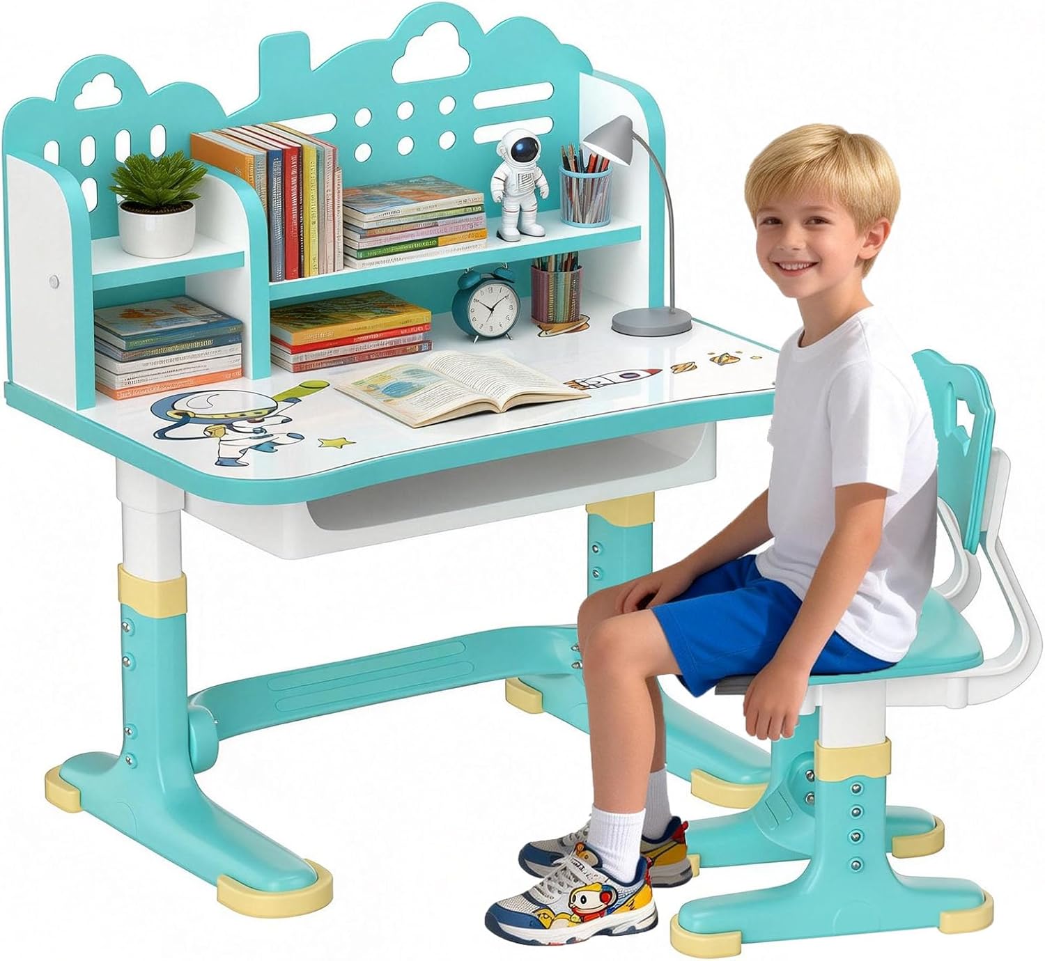 Kids Desk and Chair Set 3-12, Height Adjustable Child's School Study Writing Tables, Kids Functional Desk with Bookstand and Storage Drawer for Boys and Girls, Study Desk with Chair Desktop (CYAN)