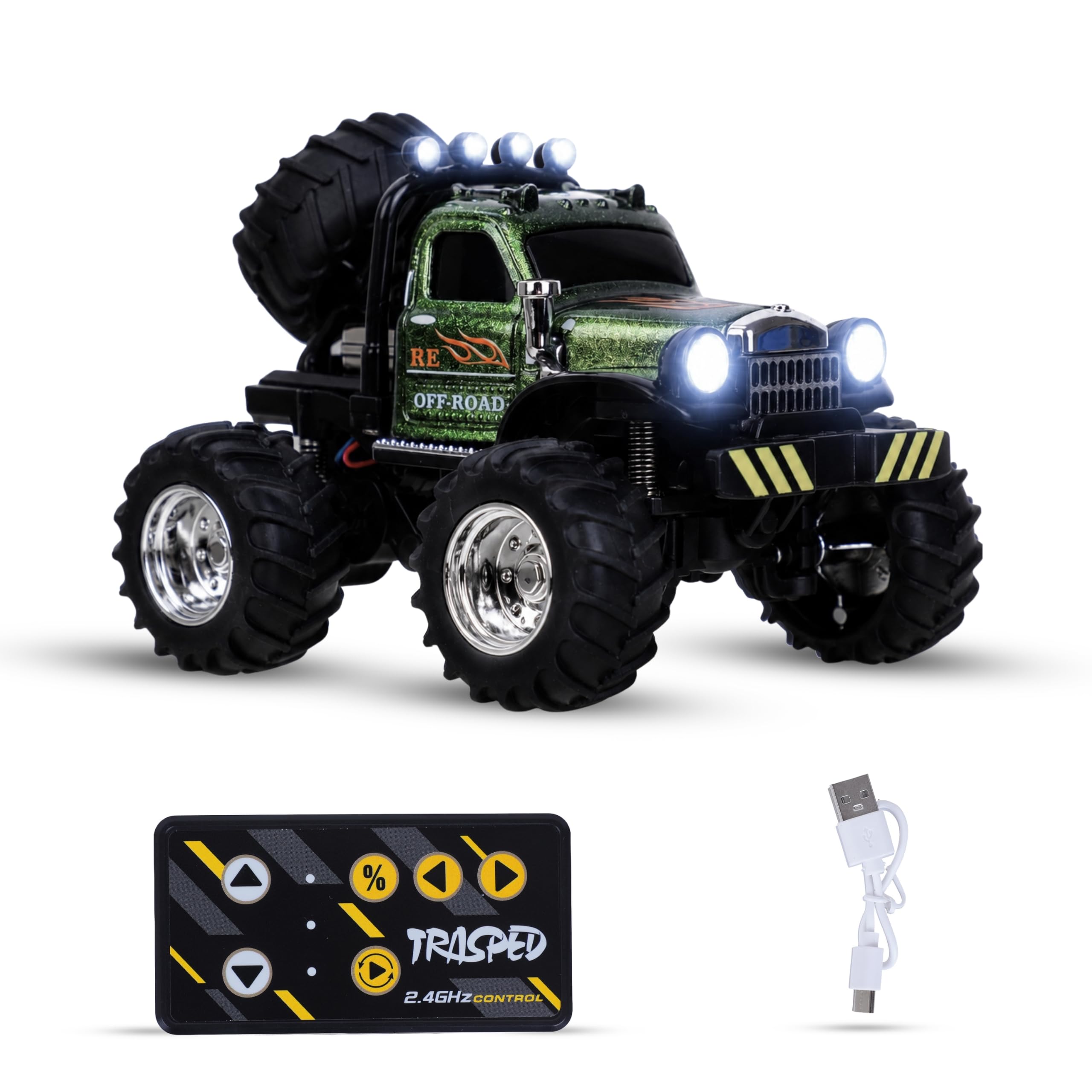 RC Monster Truck for Kids, Mini RC Off Road Car with LED Lights, USB Rechargeable, 2.4GHz Wireless RC Car, Shock Absorber, Big Rubber Tires, Toy Gift for Boys & Girls Age 3-image-5