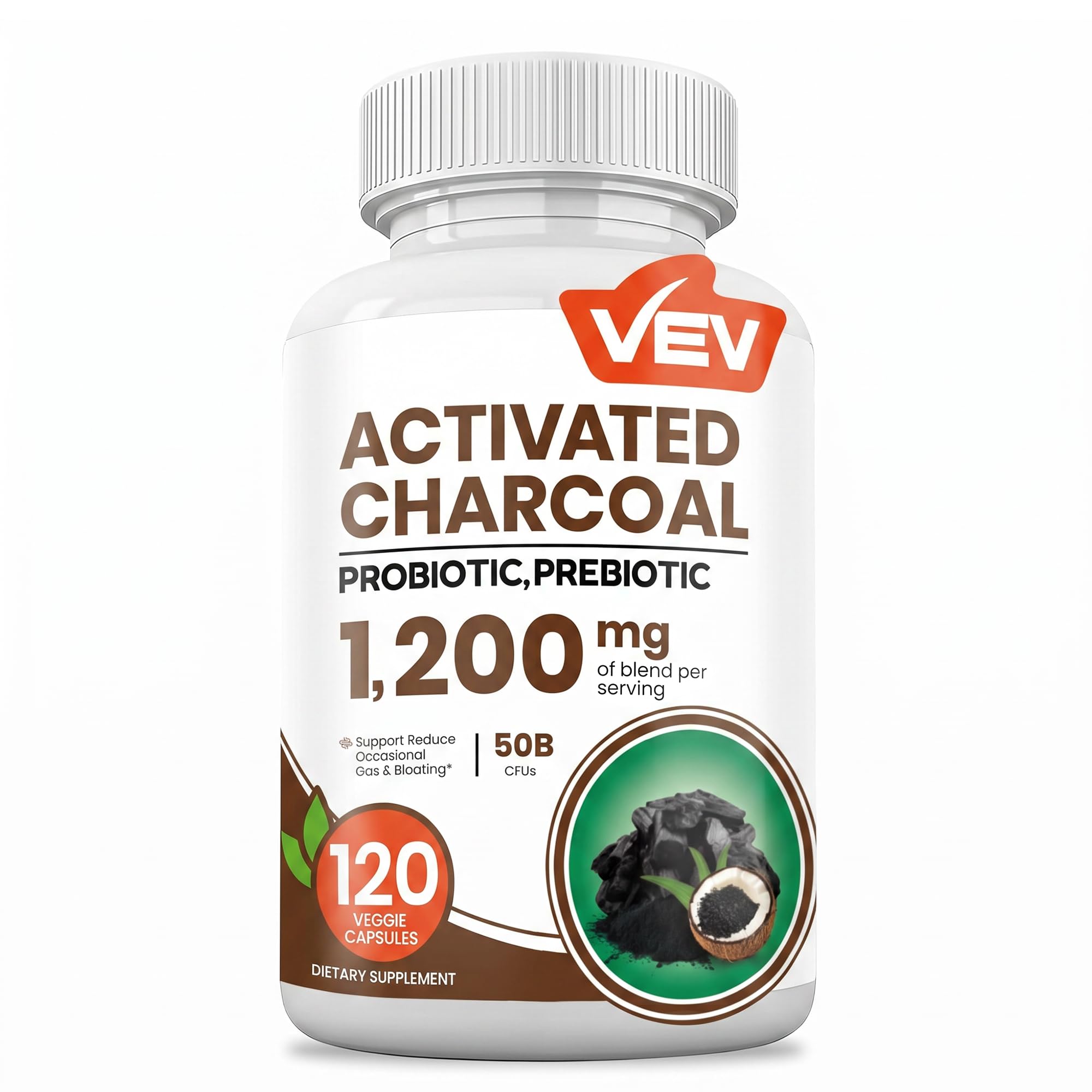 VEV 1200mg Activated Charcoal Capsules with 50 Billion Probiotics & Prebiotics - Organic Coconut Shell Digestive Support Formula for Gas & Bloating Support - 120 Vegan Capsules for Travel & Daily Use