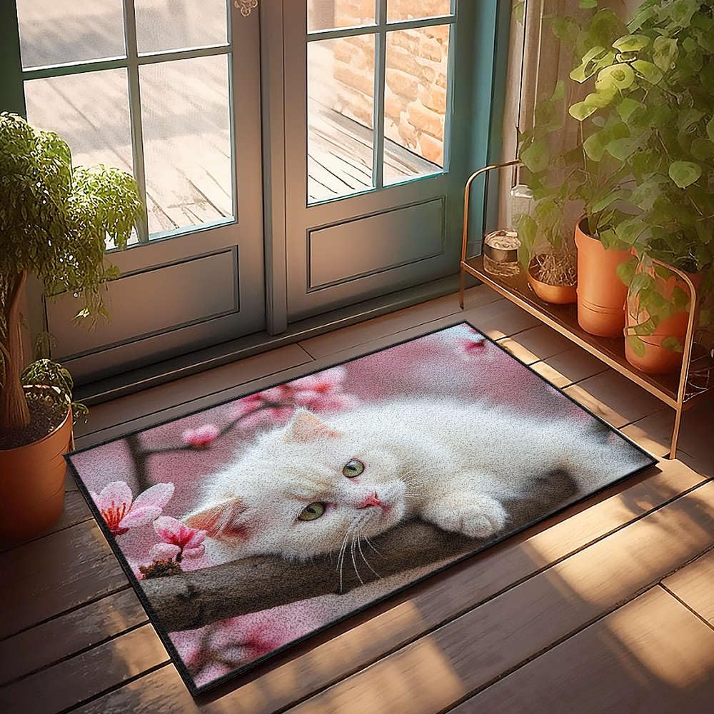 Paillasson d'extérieur chat blanc tapis d'entrée design fleurs roses 65 x 90 cm